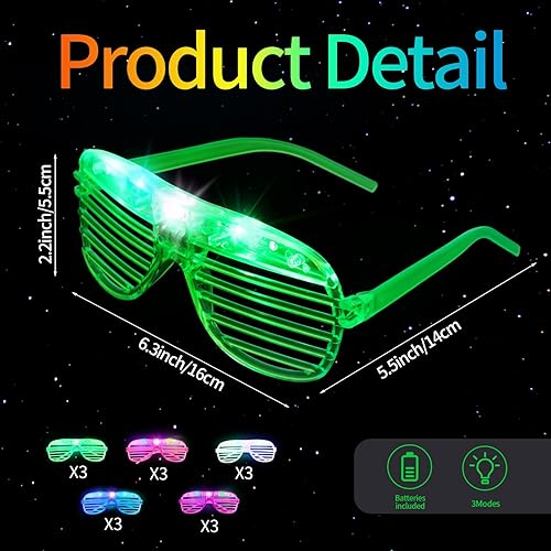 Miniatura 2 de Hooqict Paquete de 15 lentes iluminados, 5 colores que brillan en la oscuridad, suministros de fiesta para niños y adultos, persianas de los años