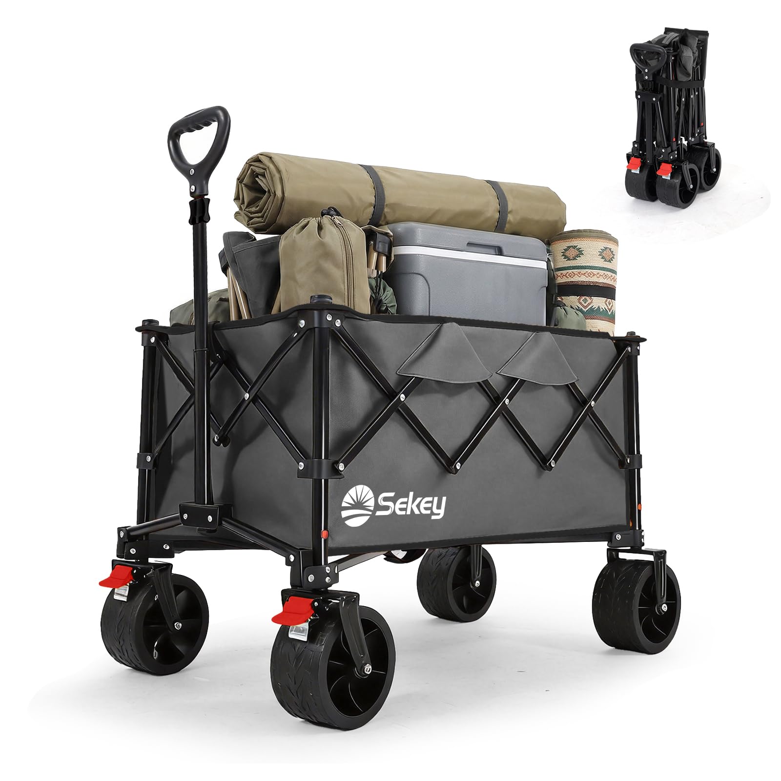 Sekey Heavy Duty Festival Trolley 150KG Load, Folding Camping Trolley 135L, All-Terrain Beach Wagon (7kg Lightweight) with 8.5cm Wide Wheels & Dual Brakes, Pull Along Cart, Grey โ image 1