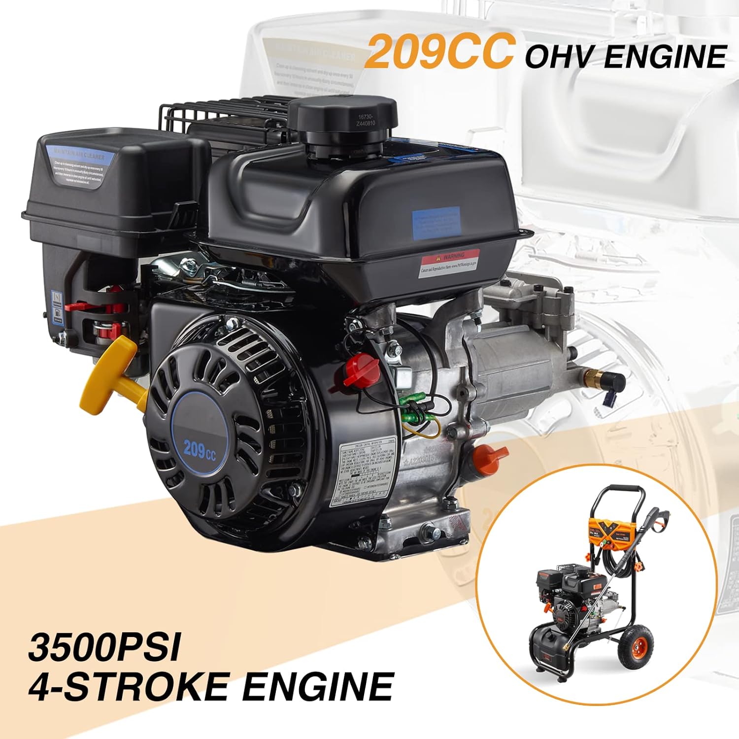 Close-up of the 209CC OHV engine of the Mutaomay gas pressure washer.