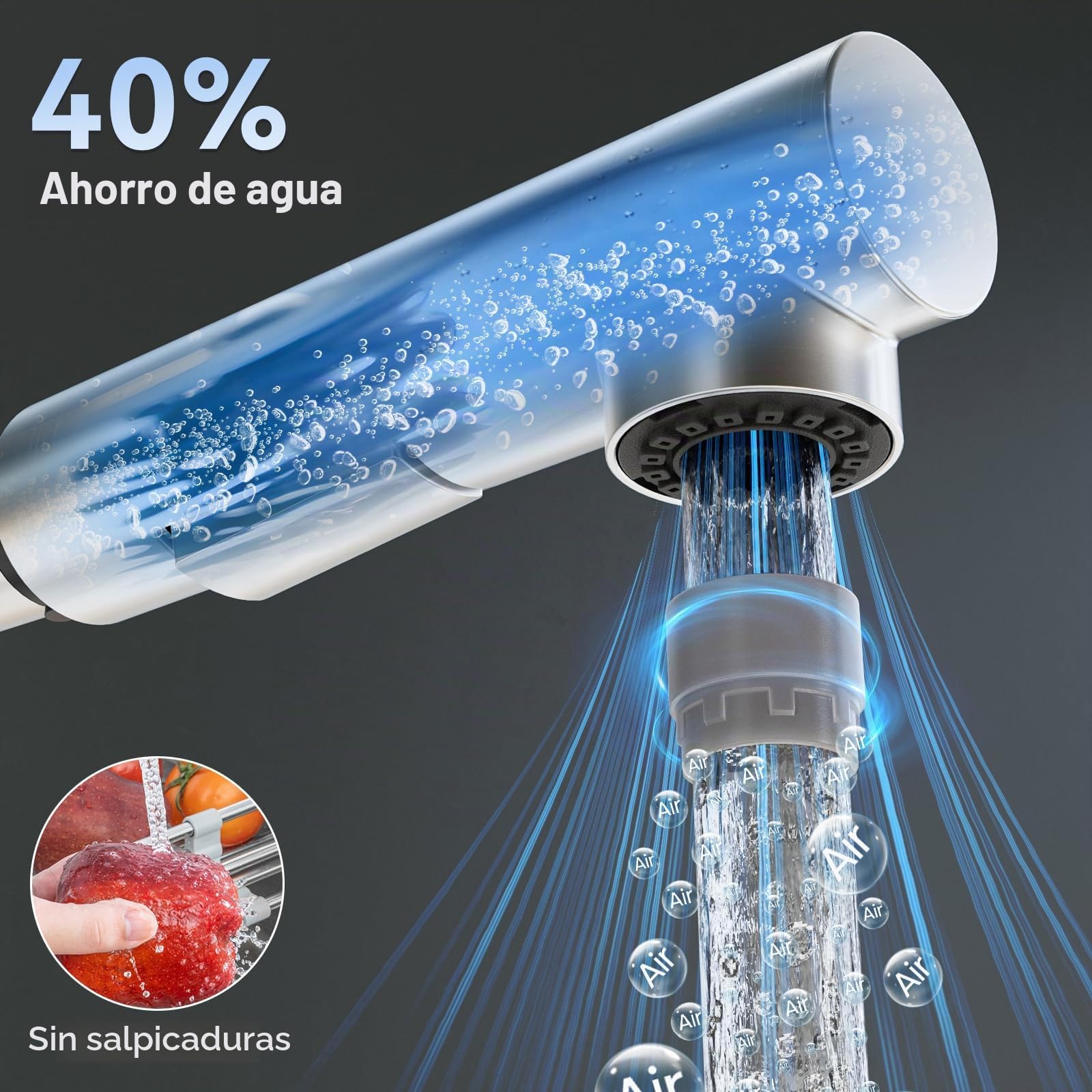 CECIPA Grifo de cocina extraíble, grifo de cocina de alta presión en acero inoxidable, giratorio 360°, robusto y sin fugas, instalación fácil, grifo mezclador con ducha extraíble para fregadero