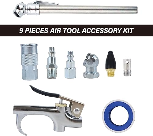 Miniatura 2 de Kit de accesorios para compresor de aire, 9 piezas, manguera de PVC de 14 pulgadas × 25 pies, azul profundo, incluye pistola de soplado, accesorios,
