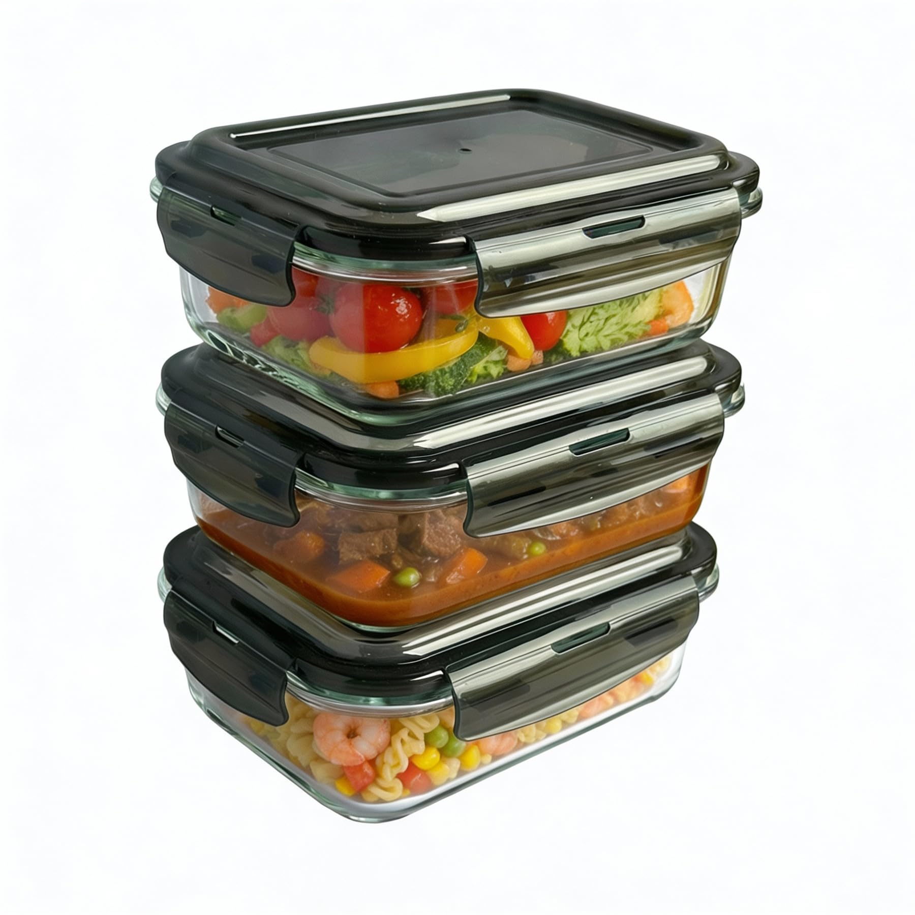 Mantraraj Clear Glass Food Storage With Lids 3 Pack | 1100Ml Airtight Bpa Free Food Storage Containers With Locking Lids | Glass Meal Prep Lunch Box Takeaway Containers Microwave, Freezer & Dishwasher Safe