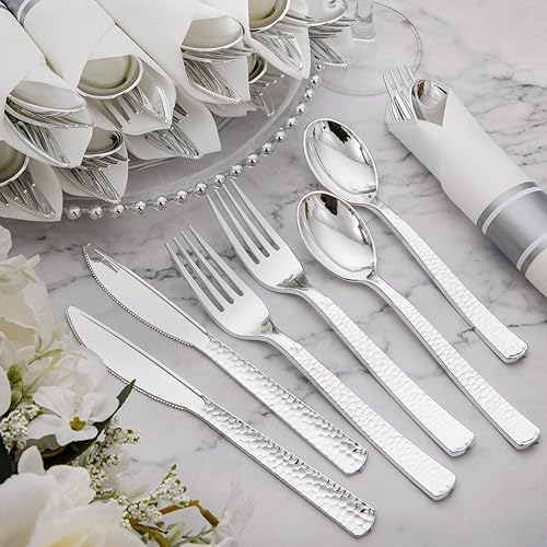 Miniatura 8 de Supernal Paquete de 60 cubiertos de plástico plateado preenrollados de alta resistencia, cubiertos desechables de plástico plateado de primera