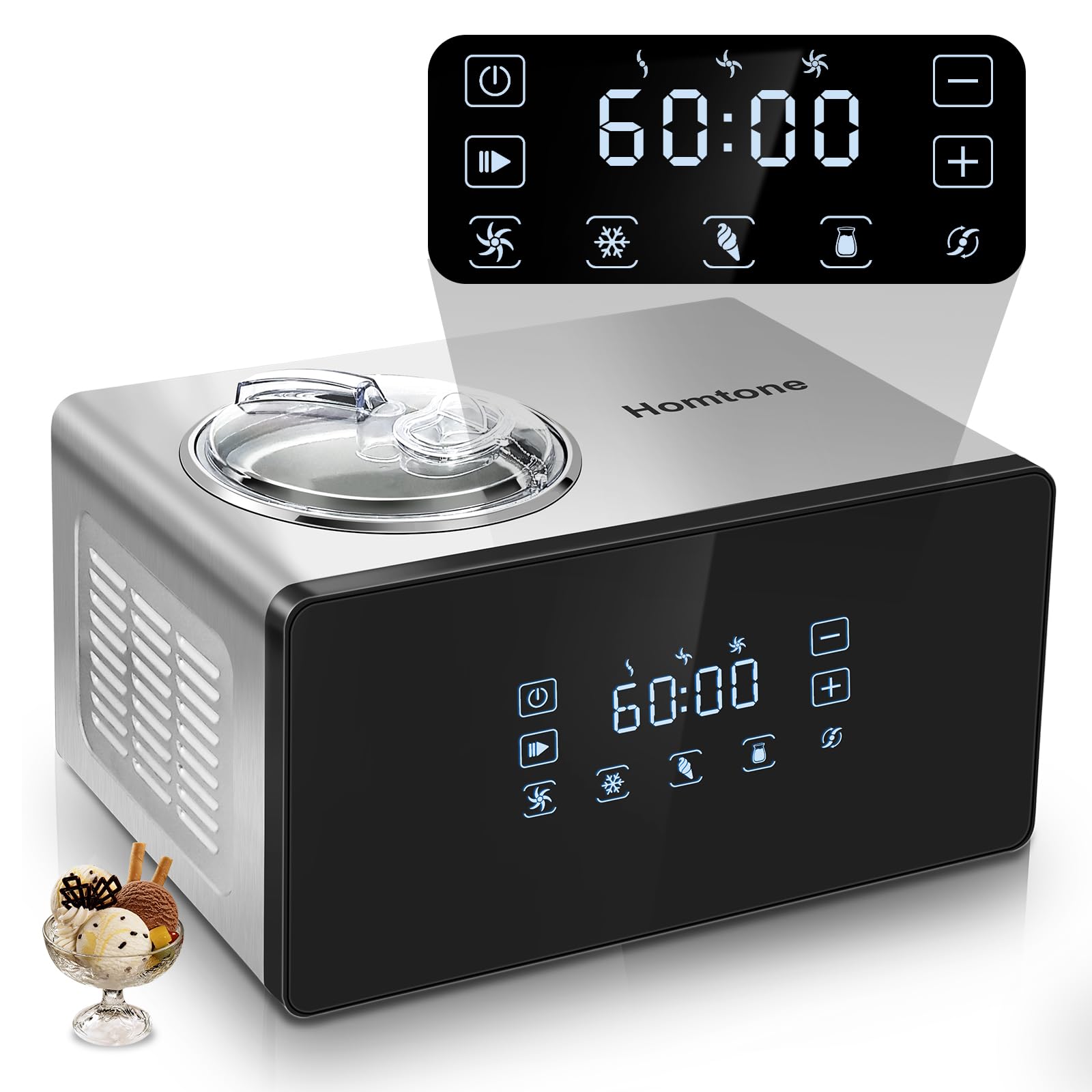 Homtone Ice Cream Maker Fully Automatic with Compressor, 4 Modes, Adjustable softness, Adjusted Speed 1.6 Quart Ice Cream + Yogurt Maker, LCD Touch Screen Homemade Soft & Hard Ice Cream Machine