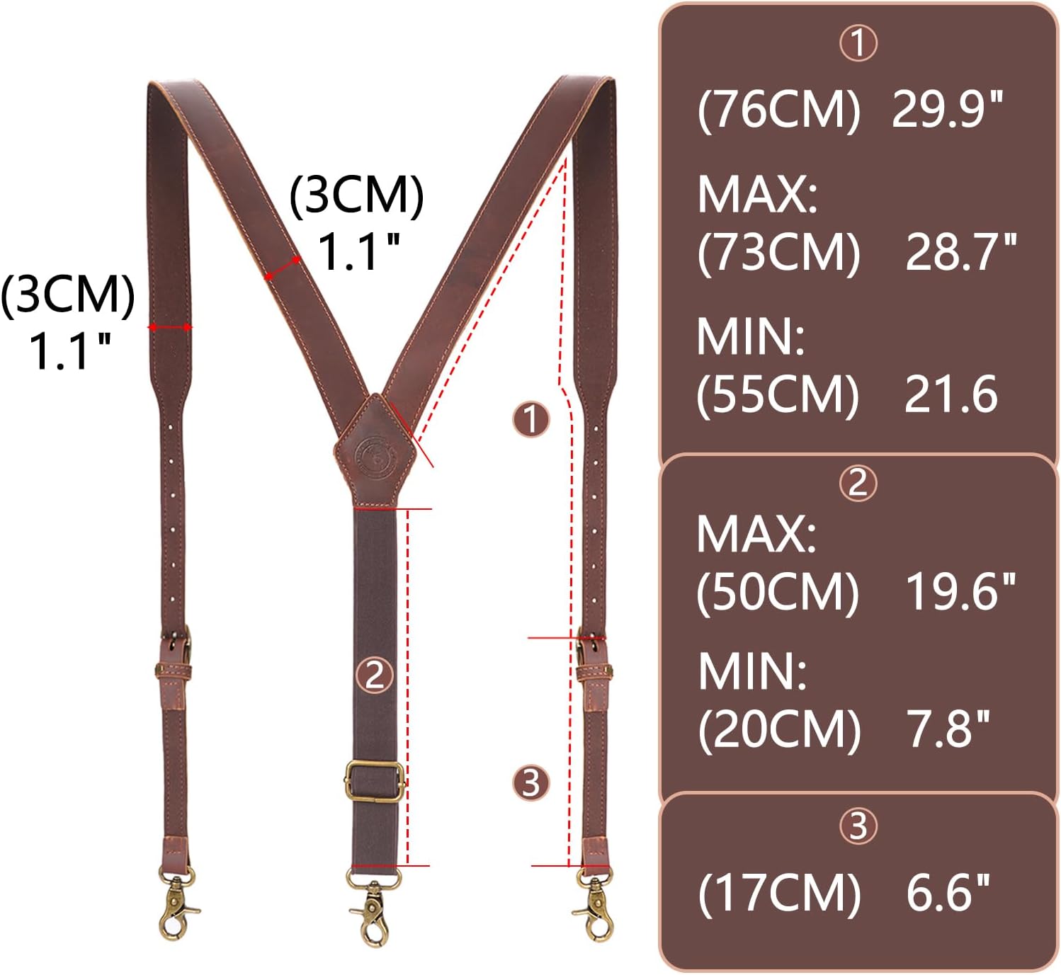 Tourbon Genuine Leather Suspenders for Men Heavy Duty Y Back Design Adjustable Straps with 3 Metal Snap Hooks, Brown - Image 4
