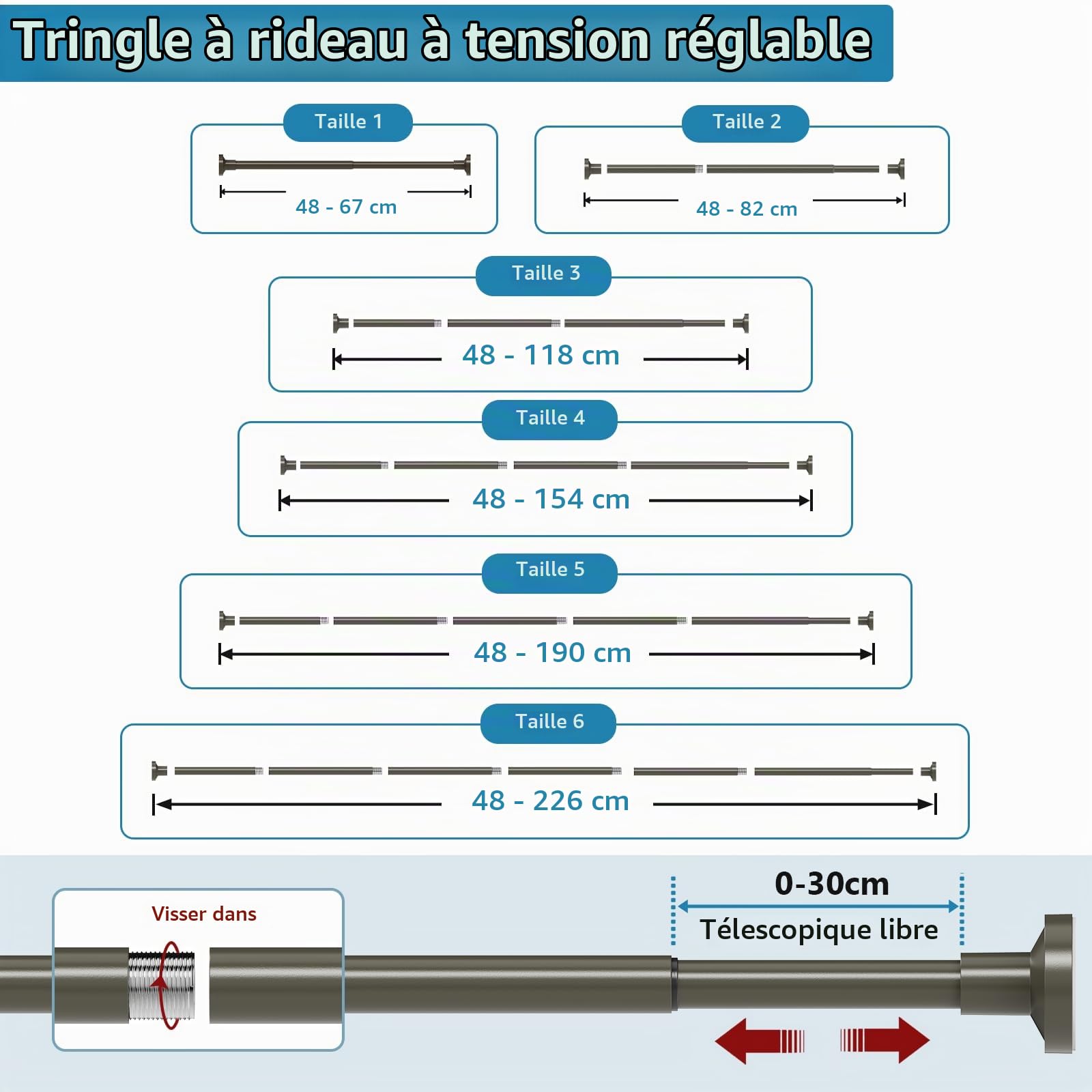 WELDUN Tringle à rideau extensible, 48-226 cm, sans perçage, tringle à ressort réglable et solide pour fenêtre, salle de bain, chambre à coucher, bronze