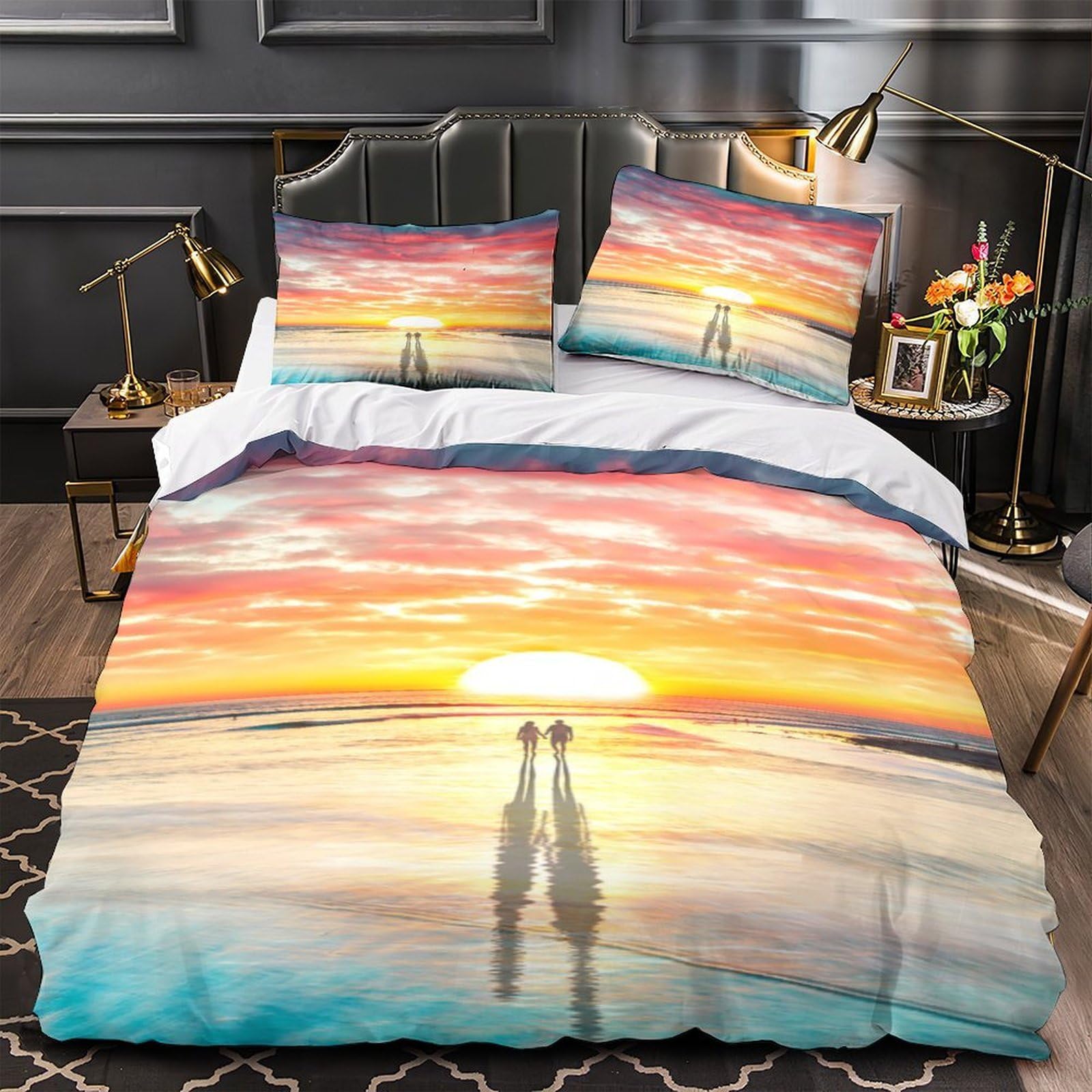 Sonnenuntergang Strand 3D Druck Mikrofaser Bettbezug Atmungsaktive Schlafzimmerdeko Pärchen Bettwäsche Set für Erwachsene Jugendliche King（220x240cm）