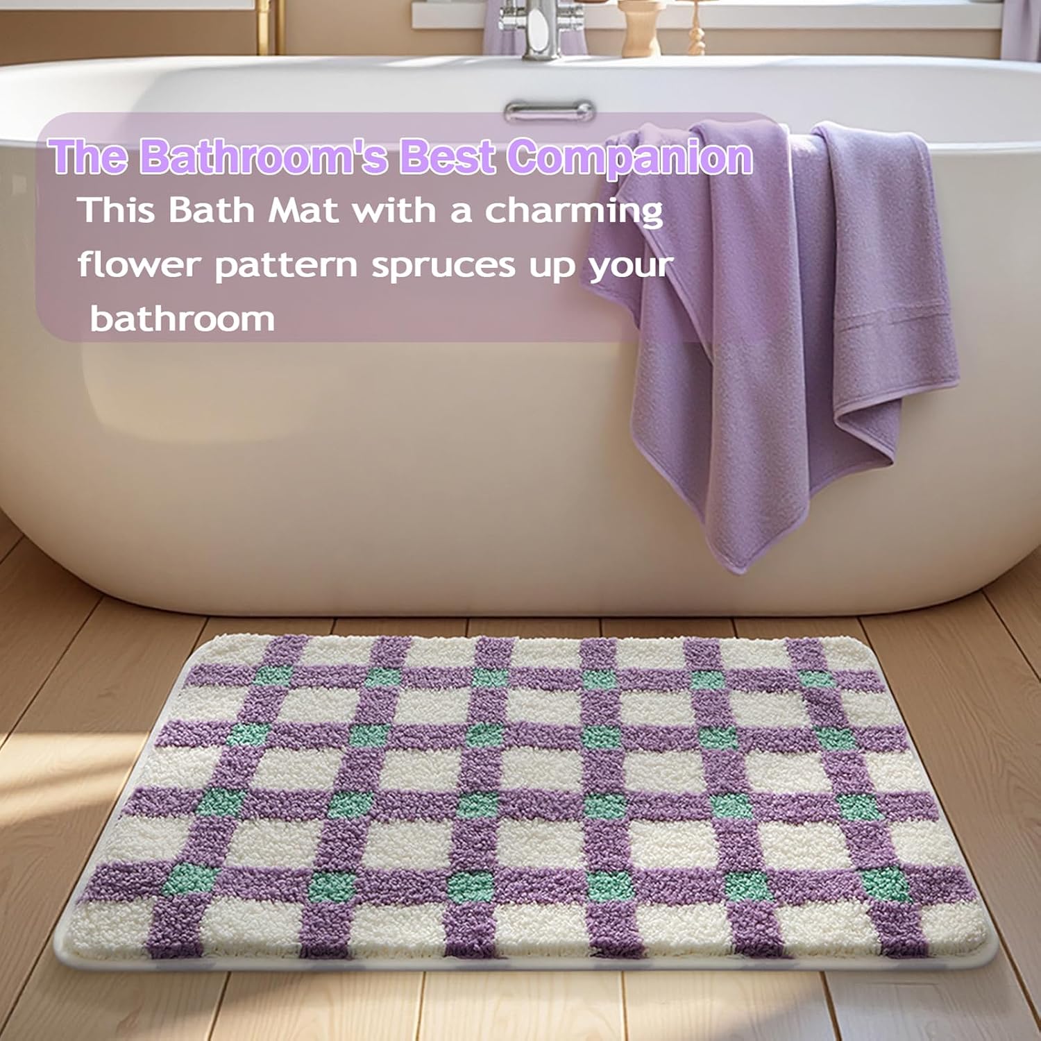 Bath mats for Bathroom Non Slip, 32" X 20" Purple and White Checkered Bath Mat, Luxury Microfiber Super Absorbent Bathroom-Rug, Aesthetic Bathrooms Rug, Classic Bath Decor Washable.
