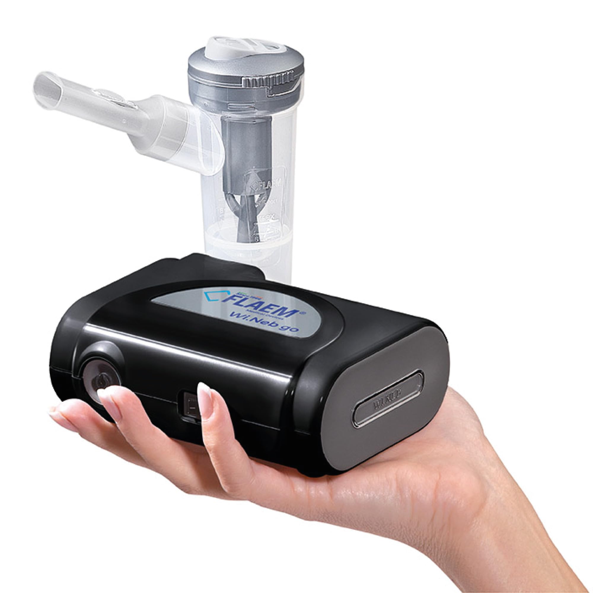 Flaem, Wi.Neb Go, Aerosol Portatile Silenzioso per le Basse Vie Respiratorie, Macchina Aerosol Adulti e Bambini Certificata con Mascherine Soft Touch, Batteria, Alimentatore, Custodia, Made in Italy