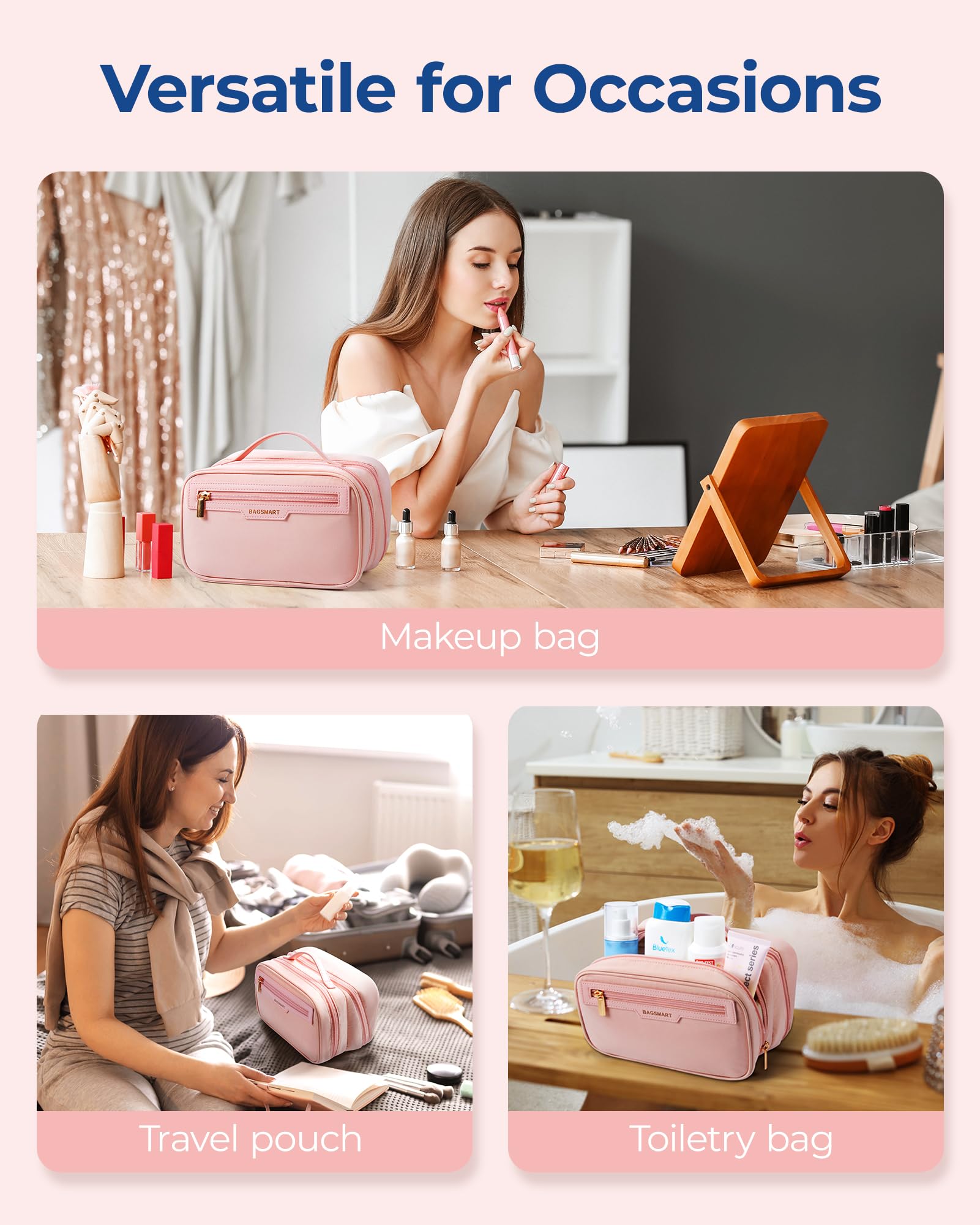 BAGSMART Travel Makeup Bag Large Capacity Wide-Open Make up Bags for Women Travel Essentials & Cosmetics Toiletries Accessories, Pink - Image 4