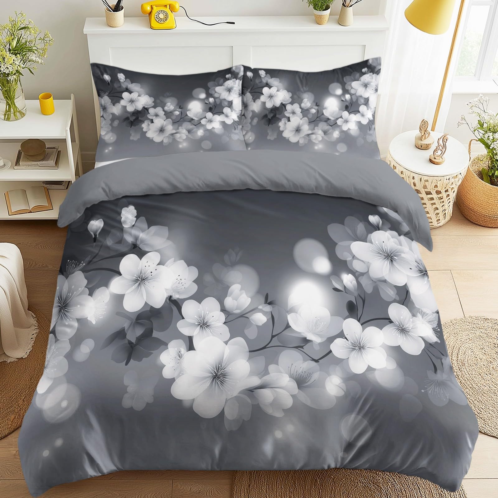 Parure de lit 260x240 gris fonce avec housse de couette zippee en microfibre