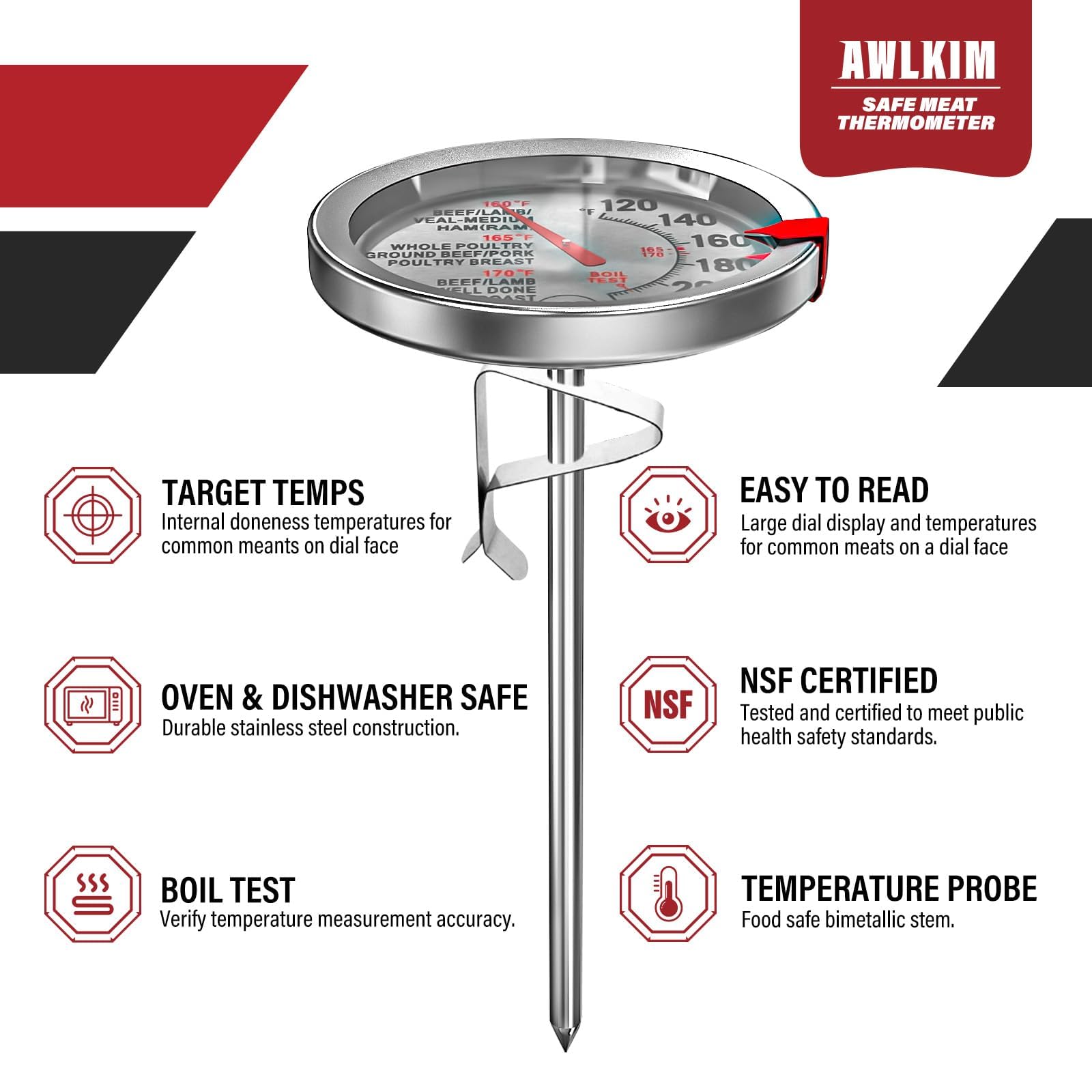 AWLKIM Lot de 2 thermomètres à viande en acier inoxydable, sans danger pour le four, thermomètre alimentaire à cadran extra large de 6,3 cm pour la cuisine, sonde de température pour la pâtisserie