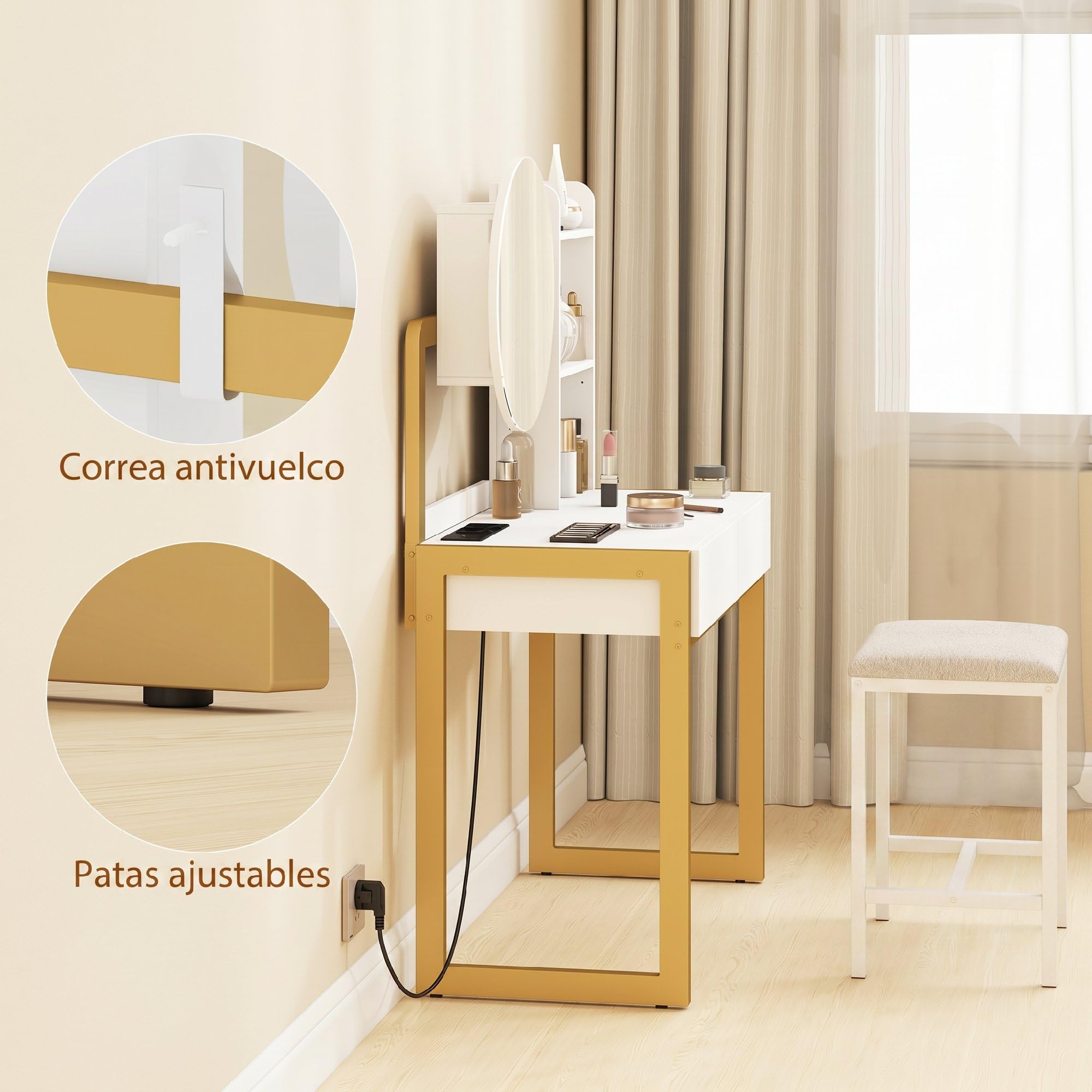 HOMCOM Tocador de Maquillaje con Espejo y Taburete Acolchado, Tocador con Estación de Carga, 2 Cajones, 3 Estantes Abiertos, Puerto USB, Estructura Metálica, para Dormitorio, Blanco