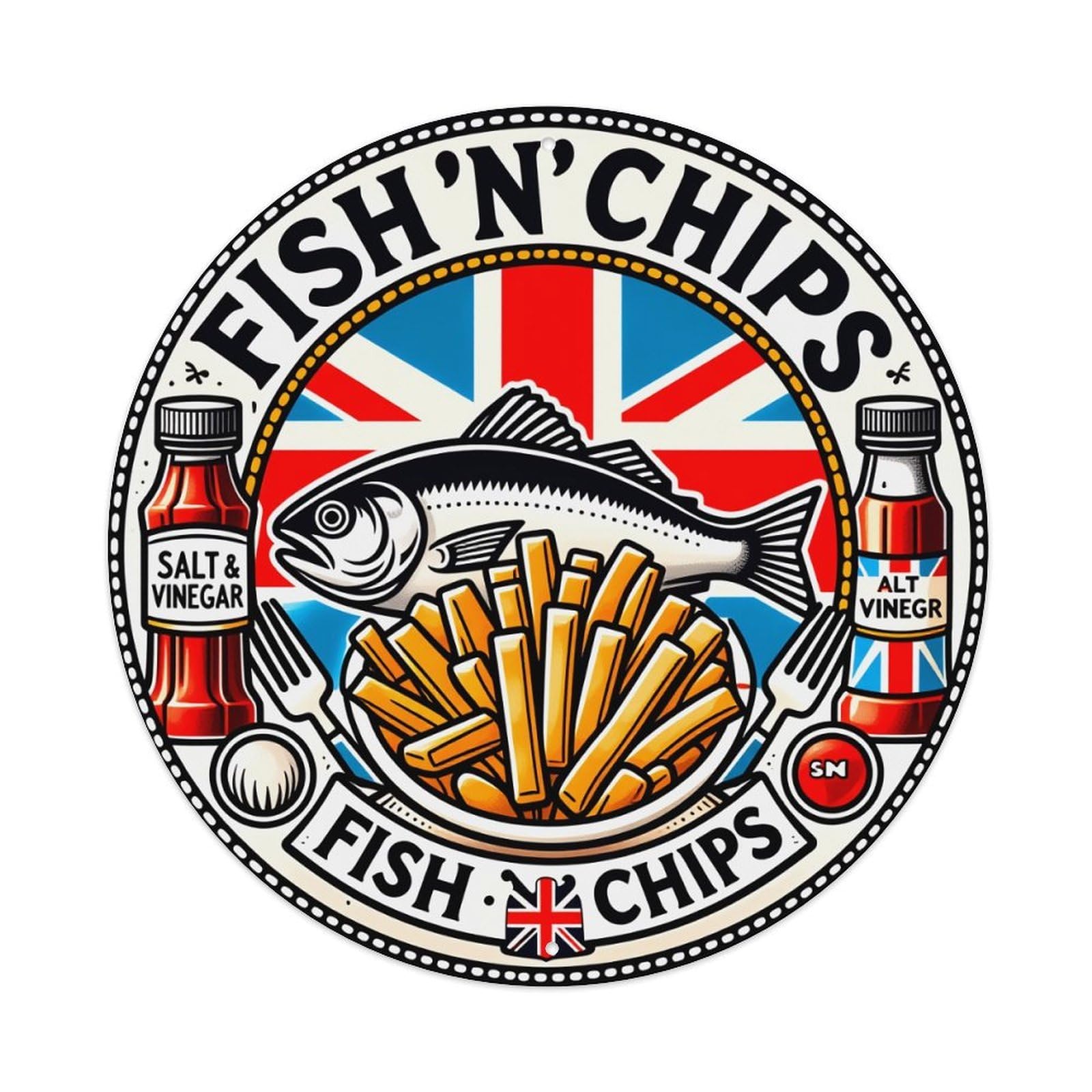Fish N Chips Union Jack Salt Vinegar Round Tin Sign Vintage Metal Poster Retro Bar, Home, Man Cave, Kitchen, Laundry Room Wall Art Decor Gift 8x8Inch