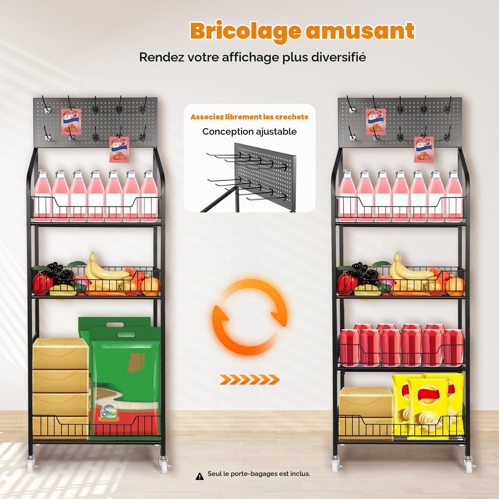 4 niveaux étagères de magasin supermarchés collations étagère à bonbons présentoir avec roues et 10 crochets, étagère en métal pour magasins, supermarchés, cuisines