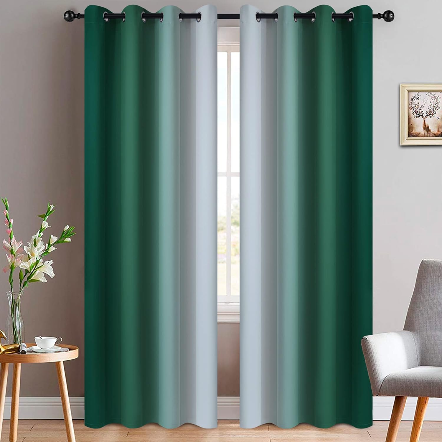Yakamok Dark Green Ombre Curtains 84 Inches Long, Light