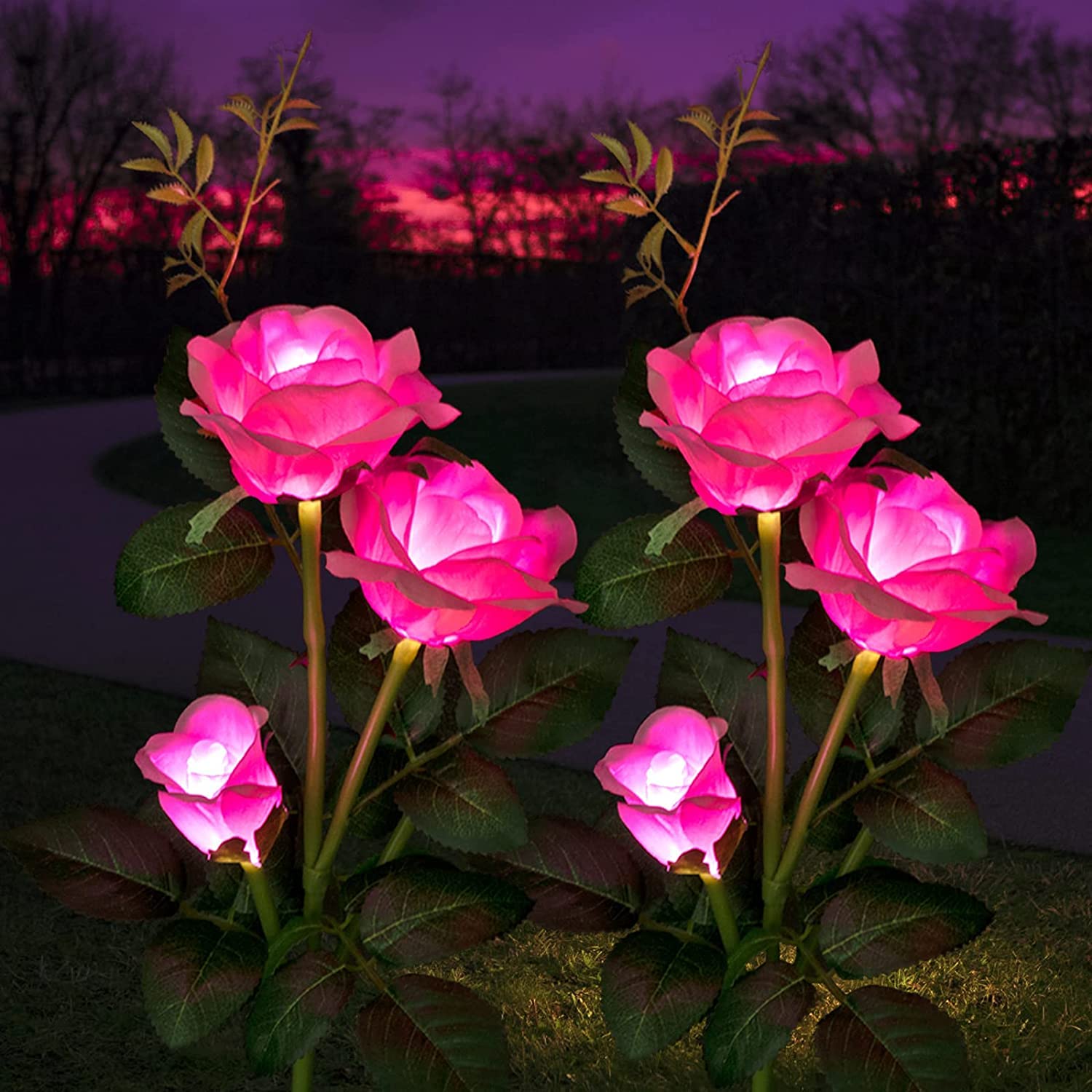 Jorunb Outdoor Solar Garden Stake Lights,Upgraded LED Solar Powered Light with 3 Rose Flowers, Waterproof Solar Decorative Lights for Patio Pathway Courtyard Garden Lawn (Pink-2 pack)