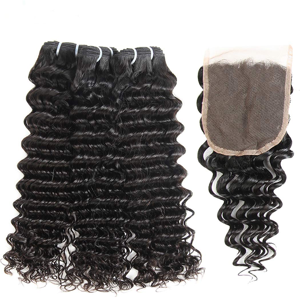 12A Human Hair Bundles with Closure Deep Wave Bundles 10 12 14+10 Inch 4x4 HD Lace Closure Water Wave Wet and Wavy 100% Brazilian Virgin Deep Curly 3 Bundles Human Hair Bundle for Women 70g/bundle - Image 3