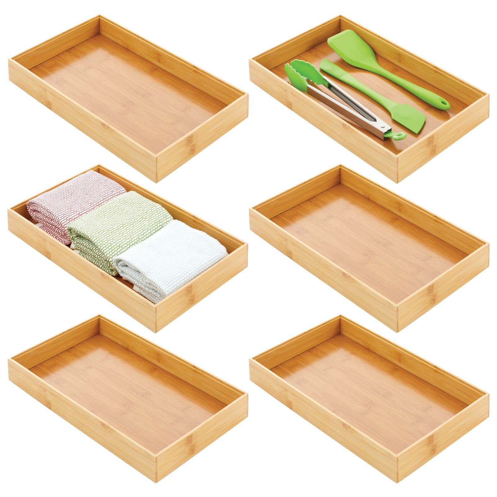 Photo 1 of mDesign Wooden Bamboo Drawer Organizer - 15" Long Stackable Storage Box Tray for Kitchen Drawers/Cabinet - Utensil, Silverware, Spatula, and Flatware Holder - Echo Collection - 6 Pack, Natural Wood 15 x 9 x 2 Pack of 6
