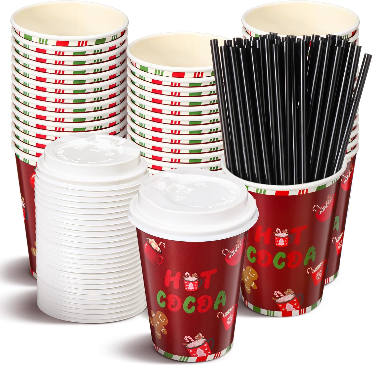 50 Set Christmas Hot Cocoa Paper Cups 12 oz Christmas Disposable Coffee Cups with Lids Straw Holiday Cup Bulk for Cocoa Hot Chocolate Bar Supplies for Beverage Ice Cream Coffee Party Decor