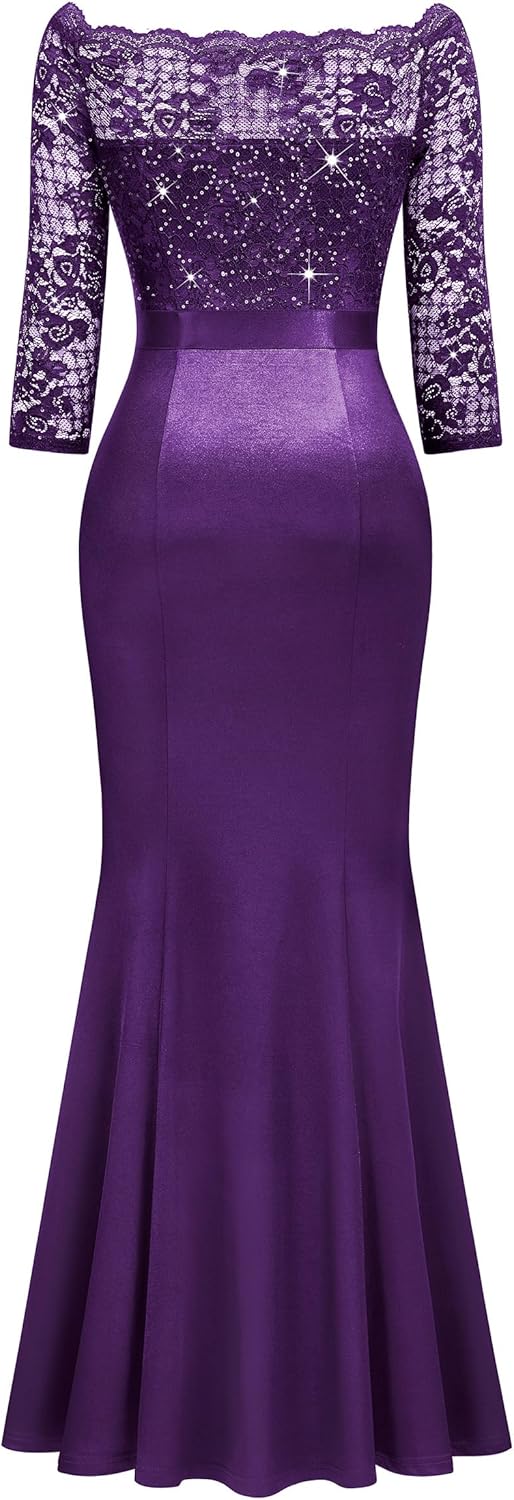 MISSMAY Women's Sexy Off Shoulder Floral Lace Formal Wedding Party Maxi Dress - Image 4