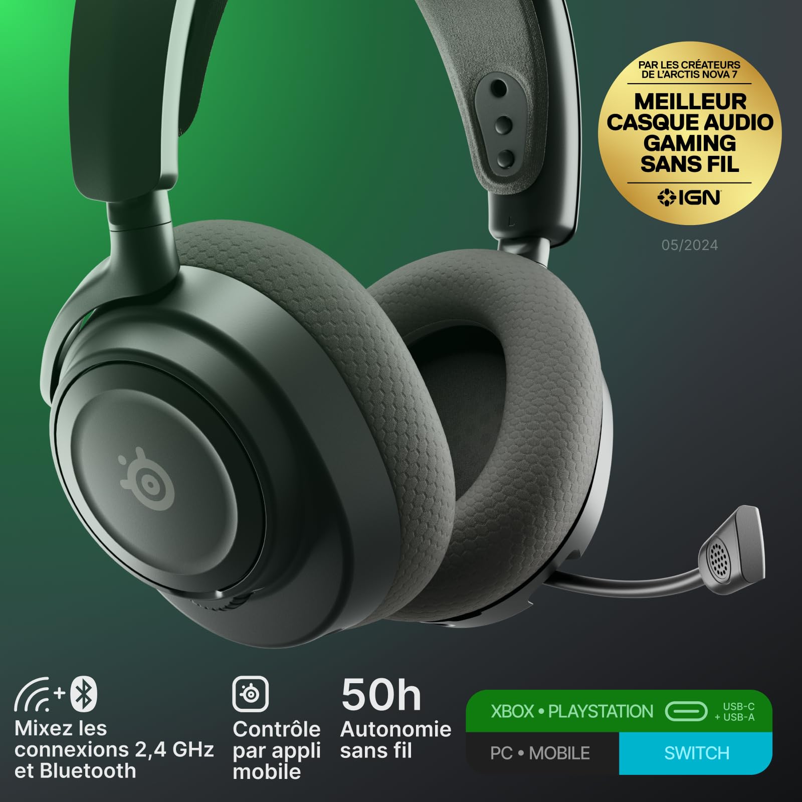 SteelSeries Casque sans fil Arctis Nova 7X multi-plateforme Gen2-Contrôle des applications en temps réel - 50H+ -Haut-parleurs magnétiques en néodyme -Mixable 2,4GHz/Bluetooth-Xbox,PC,Switch1/2,Mobile