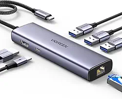 UGREEN Revodok Hub USB C 6 em 1, Adaptador Gigabit Ethernet com 4K HDMI, 100W PD, 3 Portas de Dados USB A 3.0 Compatíveis com Mac M1, M2, M3, iPad, iPhone 16 Pro/Pro Max, Steam Deck