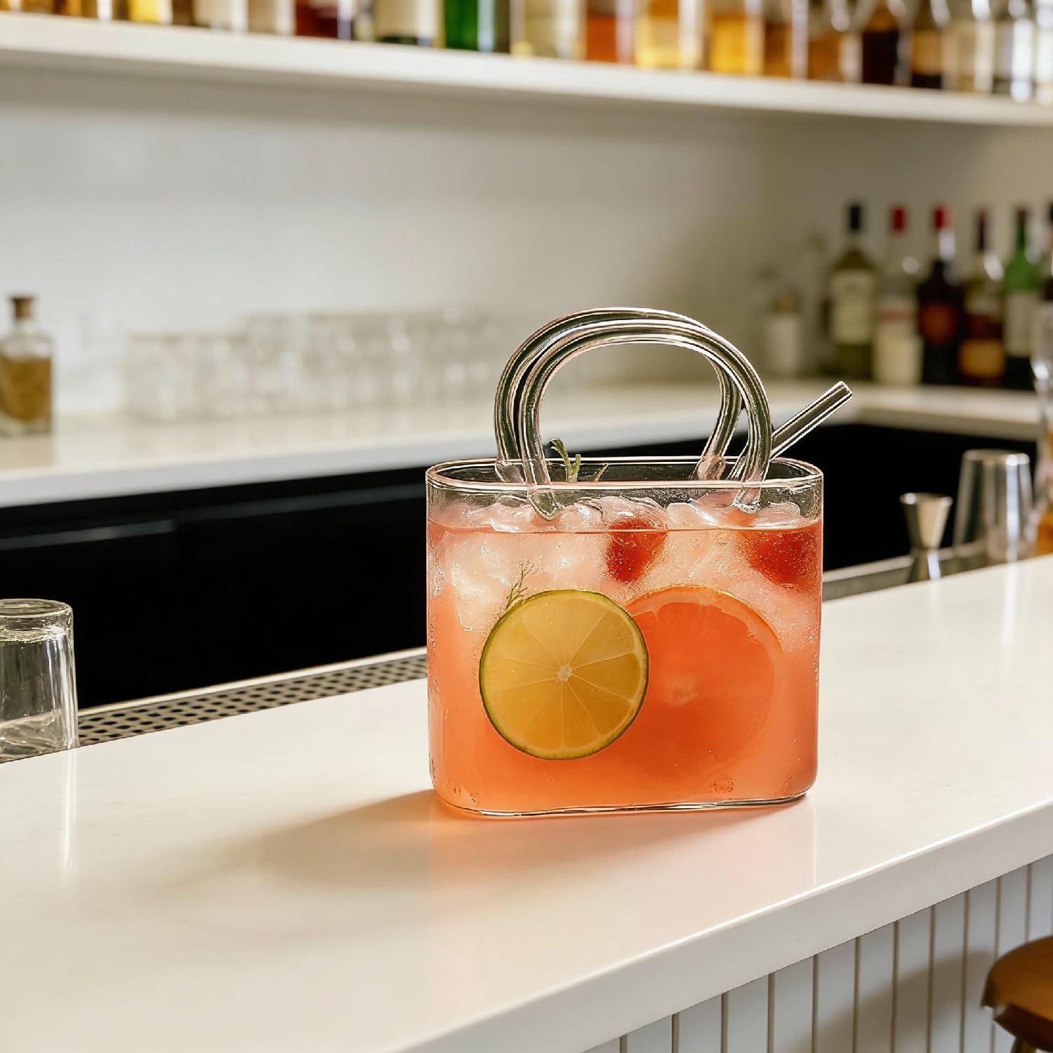Glass Purse for Drinks, Purse Drinking Glass, 26 oz Unique Wine Glasses with Straw, 2026 New Handbag-Shaped Glass Cups for Fruit Juice, Tea, Flowers (4pcs)