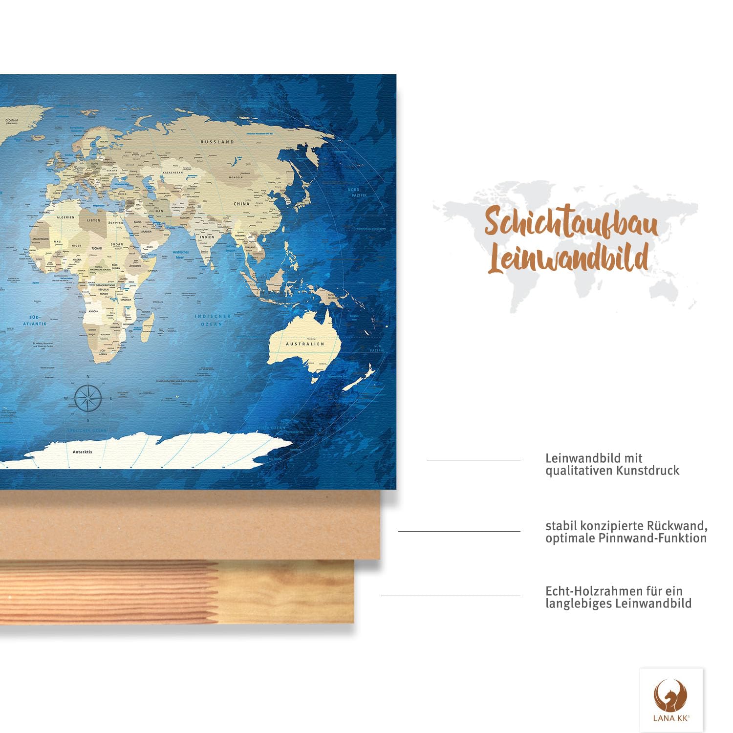 Stilvolle Pinnwand Weltkarte - Blue Ocean - Deutsch in 120 x 80 cm, stabile Rückwand zum Pinnen inkl. Starterkit - Leinwand-Kunstdruck Wandbild Landkarte XXL