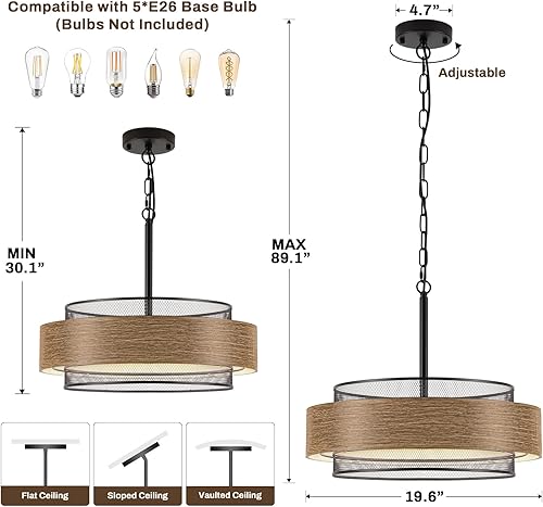 Miniatura 5 de Candelabros de granja de 19.7 pulgadas para comedor, 5 luces, rústicas, grandes, redondas, negras, textura de metal, madera, iluminación colgante