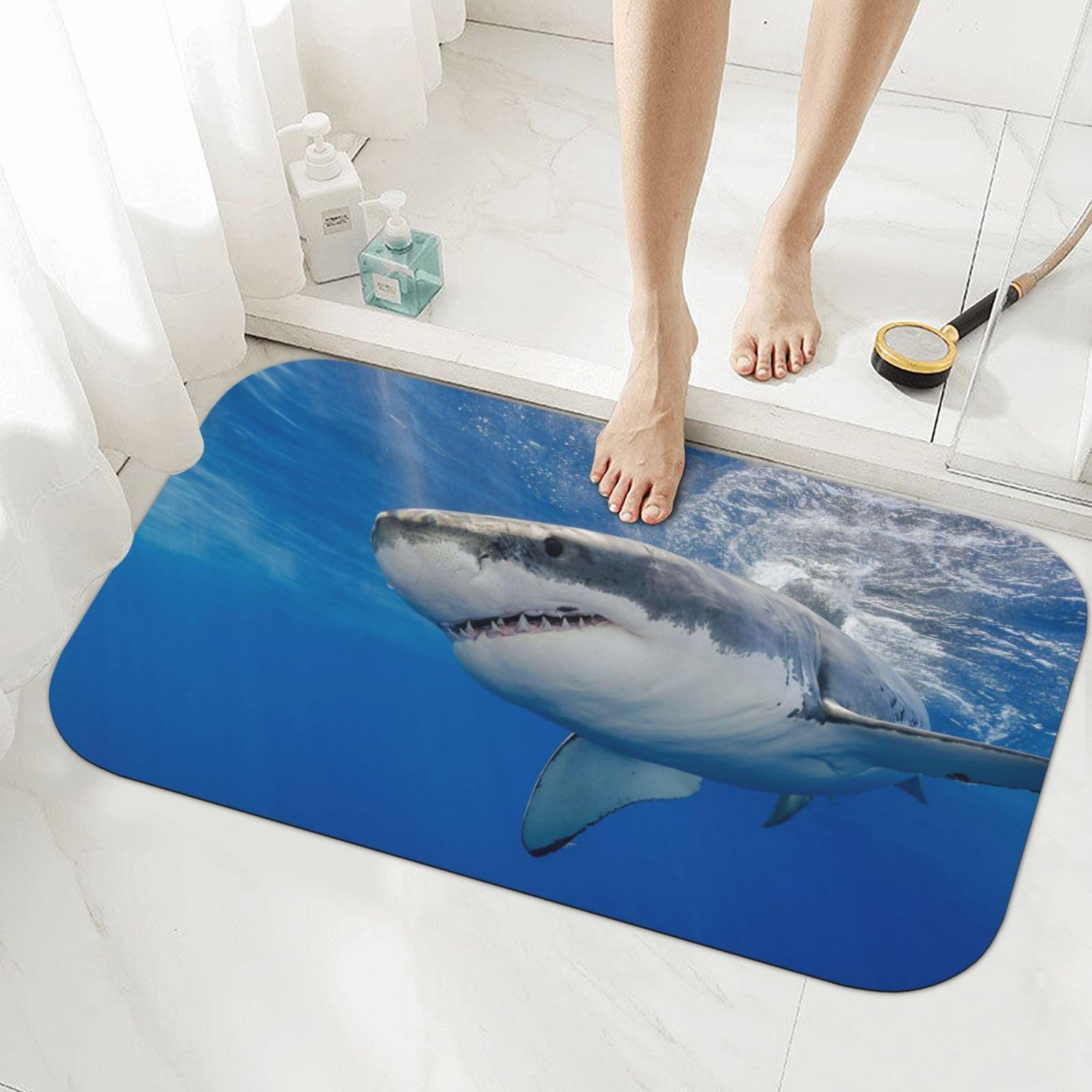 Tapis de bain antiderapant super absorbant motif requin ocean bleu