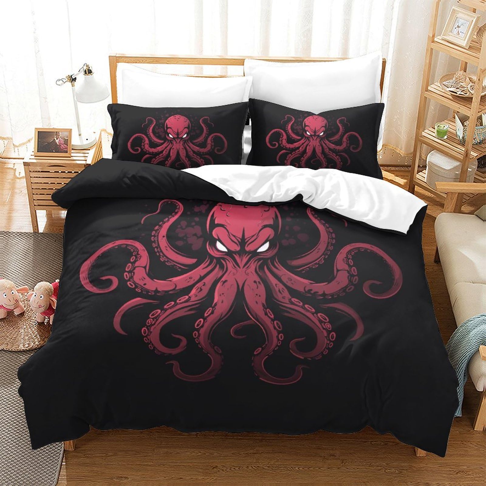 Housse de couette pieuvre 3D 220x240 cm avec taie d'oreiller pour literie grand lit ado