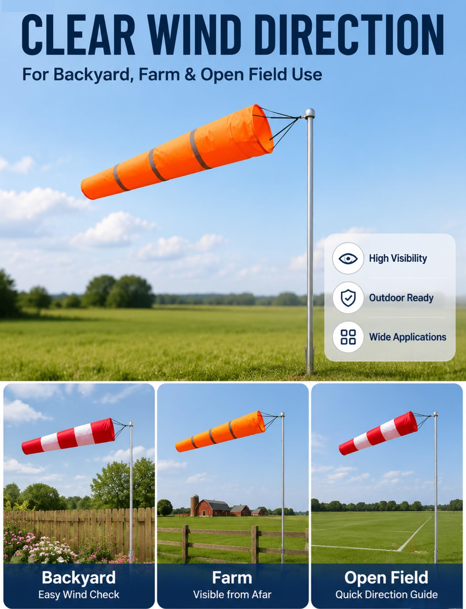 Outdoor Windsack und Stange Set, Reflektierend Gestreift Windrichtungsanzeiger für Wetterbeobachtung, Landwirtschaft, Meteorologie (150cm)