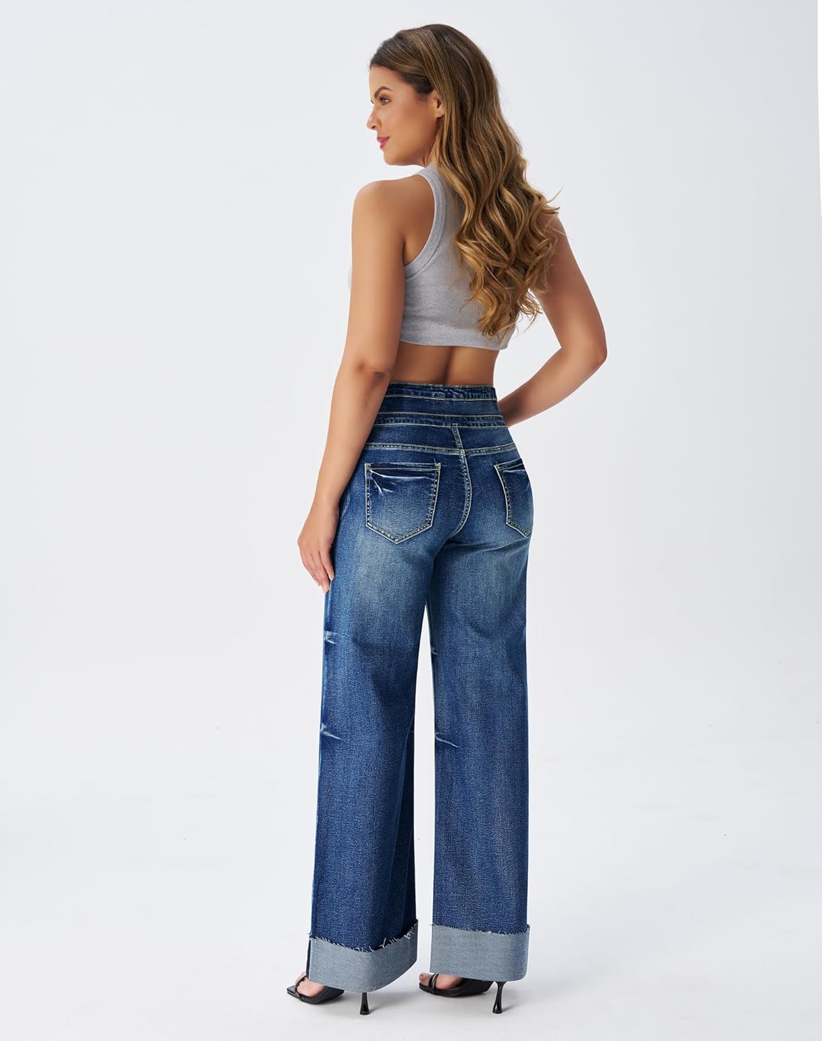 roswear Women's High Waisted Stretchy Wide Leg Jeans Cuffed Baggy Jeans Loose Denim Pants - Image 6