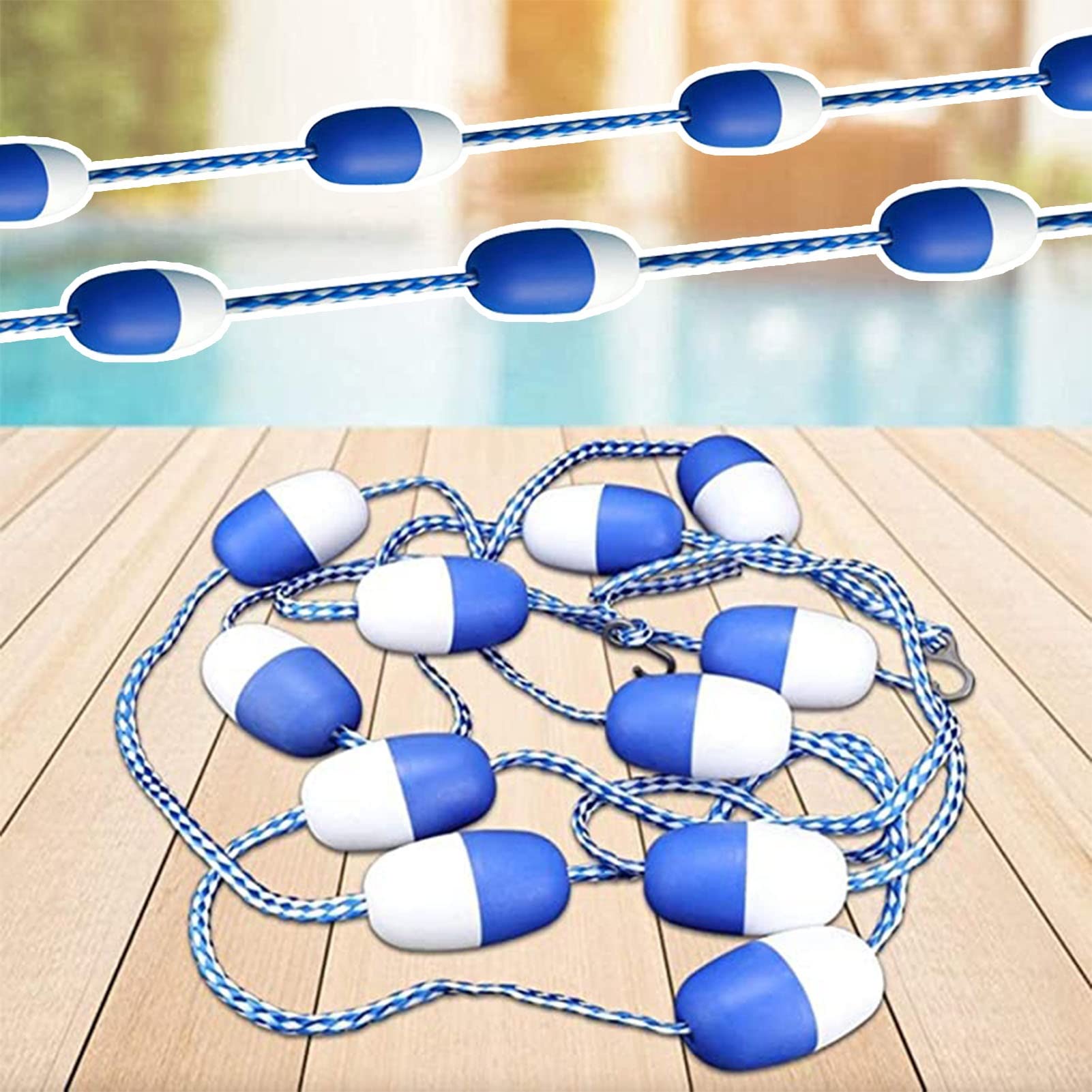 GJMSSMY Pool Safety Divider Lane Line,Floating Pool Divider Rope 10ft/20ft/30ft - Durable Pool Lane Dividers with 2 Hooks, Safety Buoy Kit in Blue & White, Ideal for Swimming Pools & Recreational U