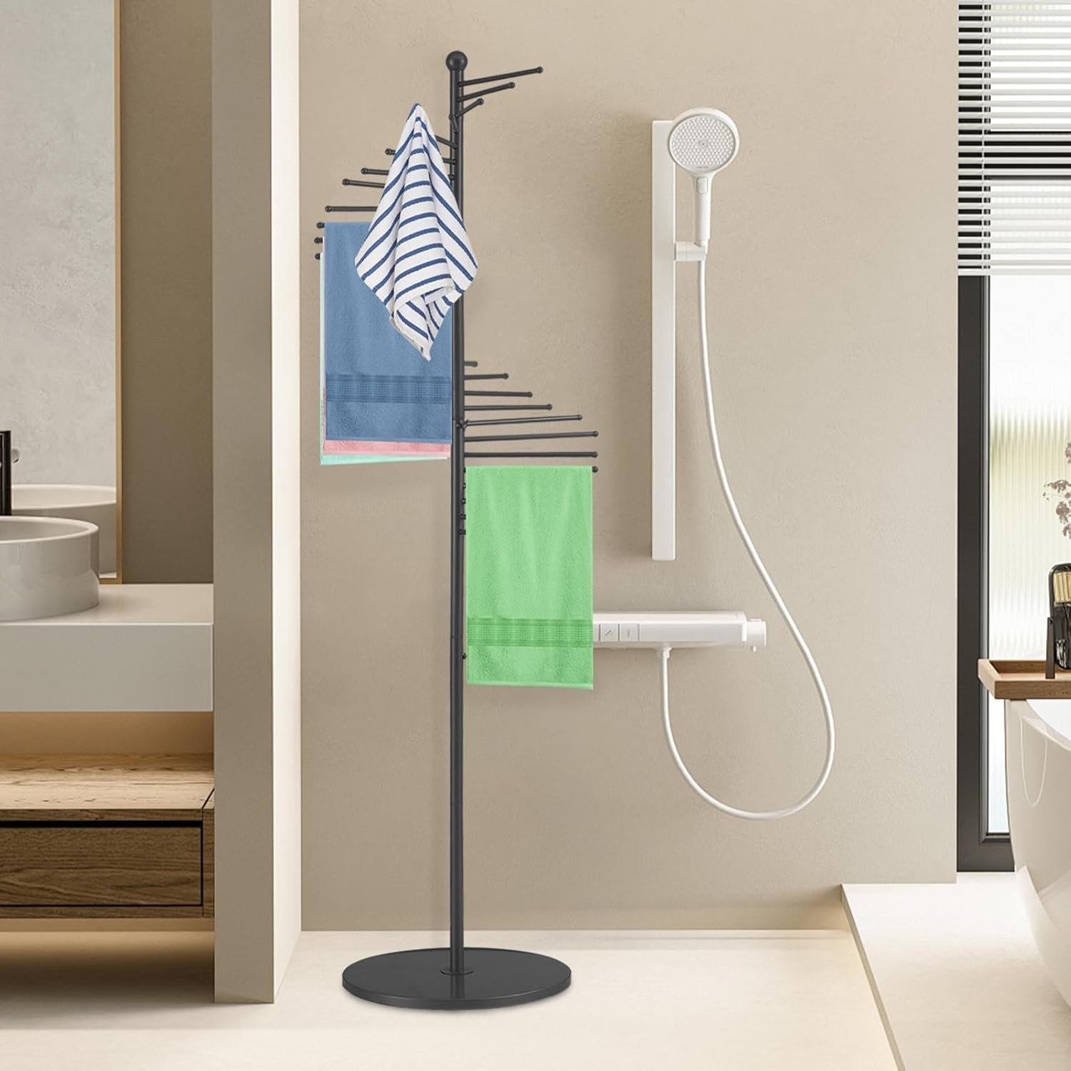 Floor-Standing Metal Spiral Scarf Display Stand,67" 30 Rods Spiral Scarf Holder,Creative Clothing Store Silk Scarf Shawl Storage Rack,Multi-Purpose Pants Rack Belt/tie Organizer Hanger Holder,Black