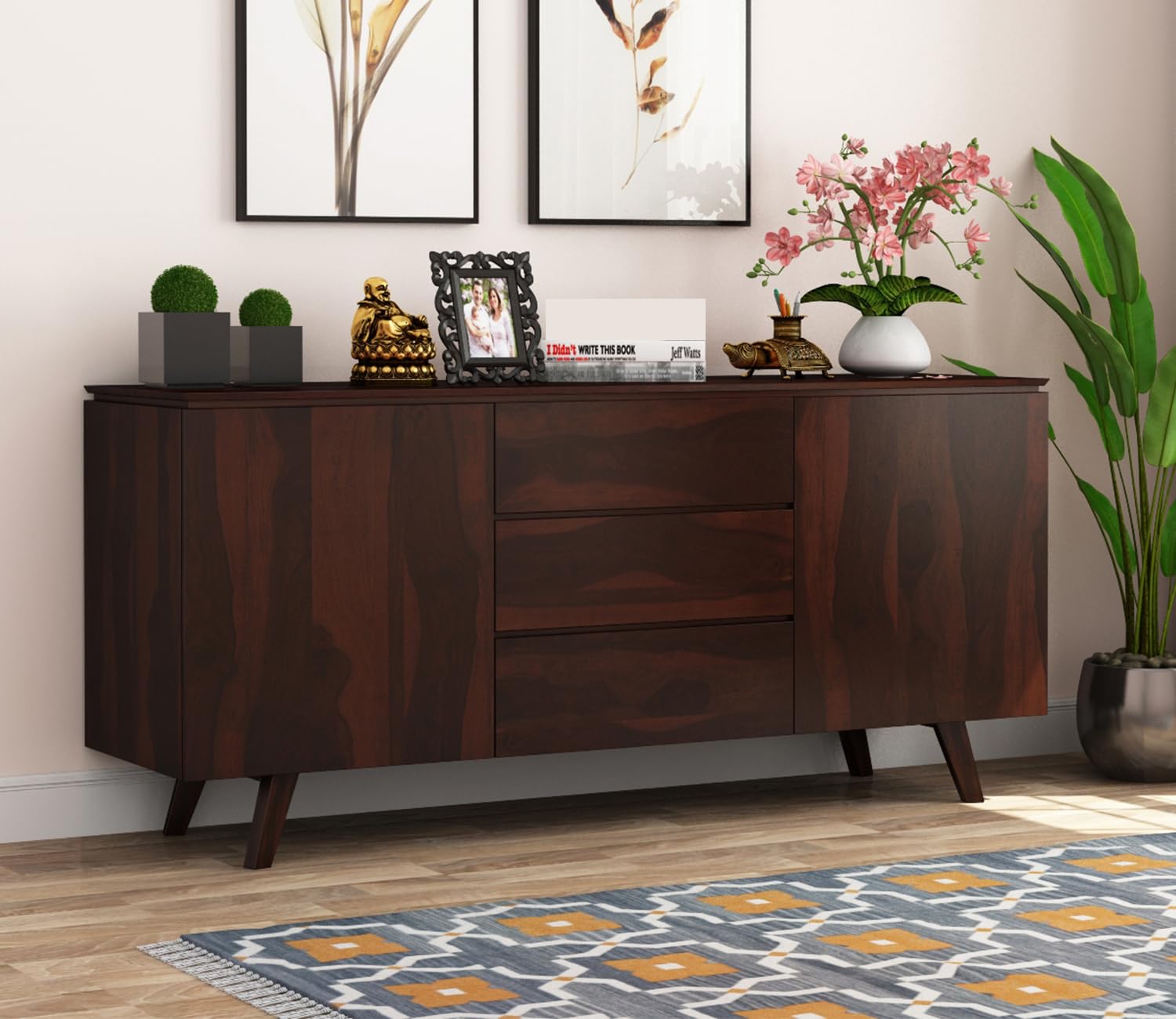 Solid Sheesham Wood Wooden Cabinet Sideboard with 3 Drawers and 2-Door Storage (Nancy, Walnut Finish)-image-28