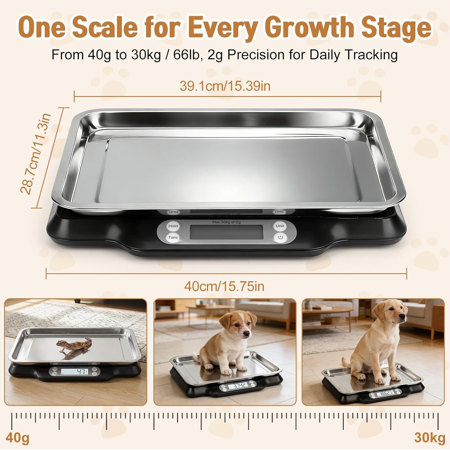 Digital Pet Growth Scale for Weight Tracking, Baby & Pet Scale for Kittens, Puppies, Cats and Small Dogs, 40g–30kg / 66lb Range, LED Display with Hold Function, Pet Tray & Record Card Included