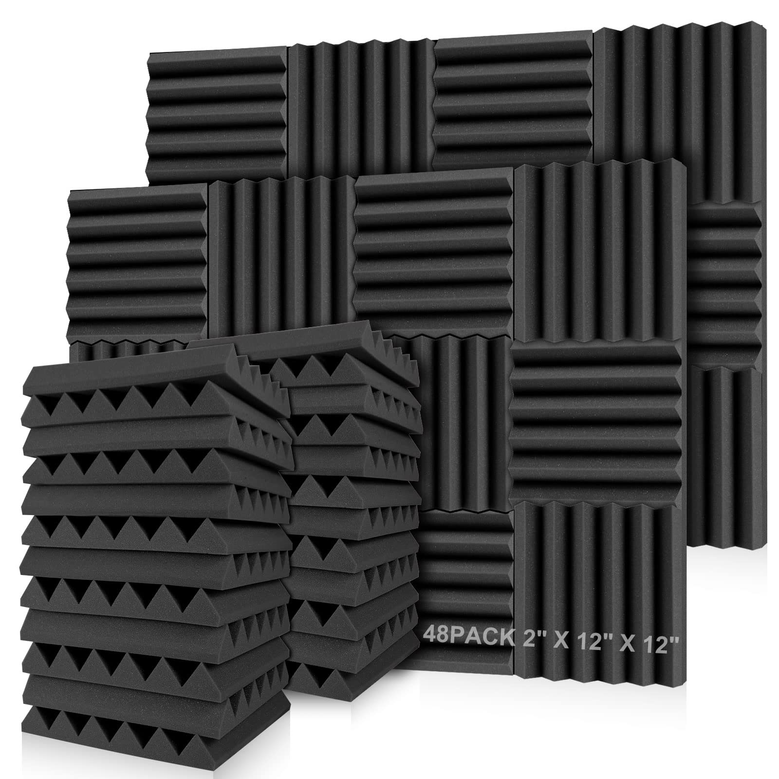 Buy 48 pack Charcoal Acoustic Panels Studio Foam, 2" x 12" x 12"Soundproofing Acoustic Studio