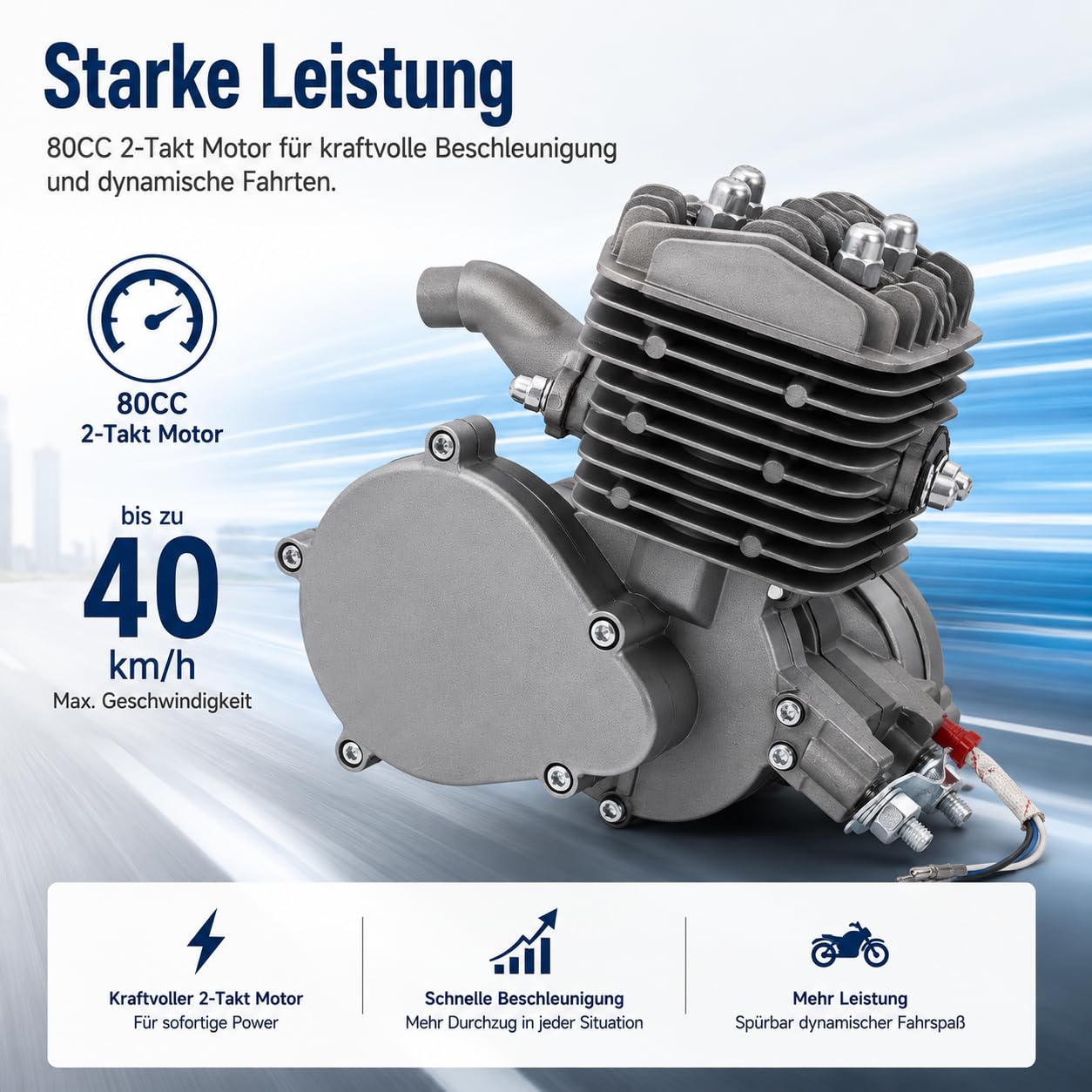 80ccm 2-Takt Fahrrad Motor Kit Benzinmotor mit CDI Zündung für 26/28 Zoll V-Rahmen
