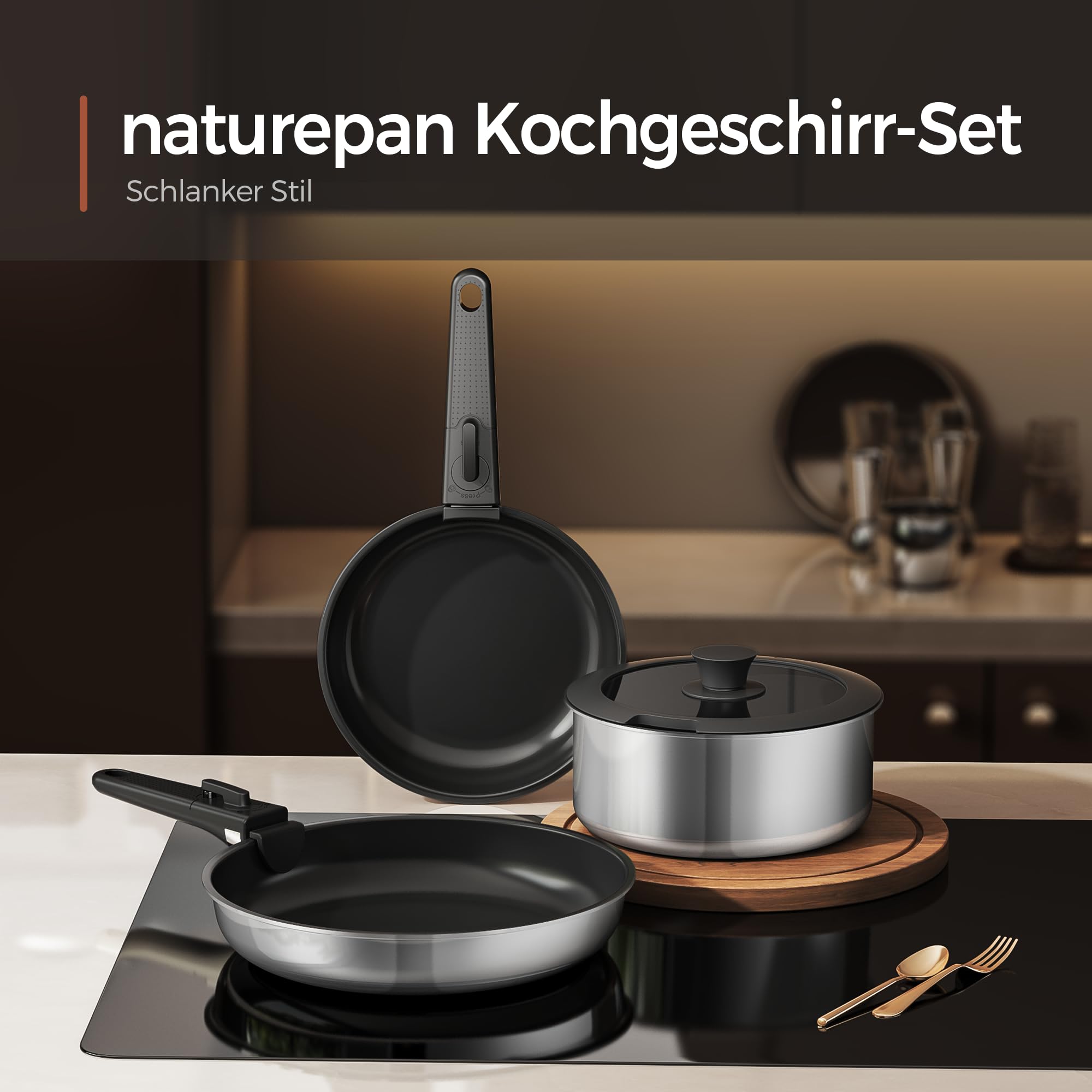 Naturepan 16-Teiliges Antihaft-Kochset, Diamant-Titan-Keramik Pfanne& 3-Schichtiger Edelstahl Töpfe & Pfannen Set mit abnehmbarem Griff… – Ansicht 13
