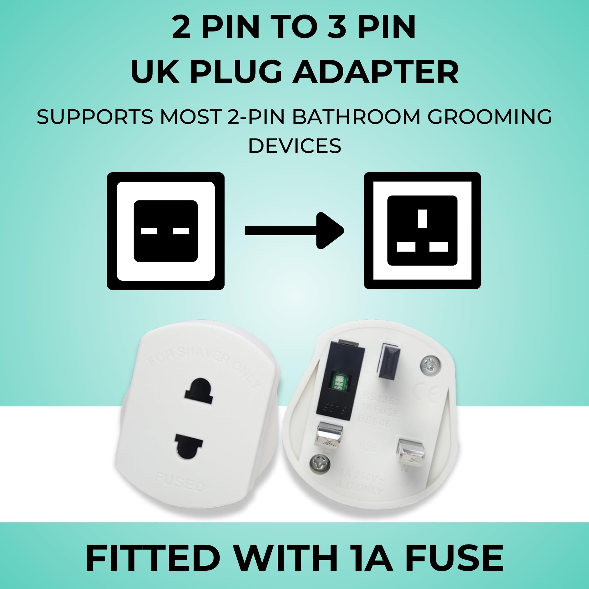 1-Pack UK Electric Toothbrush & Shaver Plug Adapter | 2-Pin to 3-Pin Bathroom Converter | For UK EU Round & US Flat 2-Pin Plugs | 1A Fused, Safety Shutters | Compatible with Oral-B, Braun, Philips — view 4