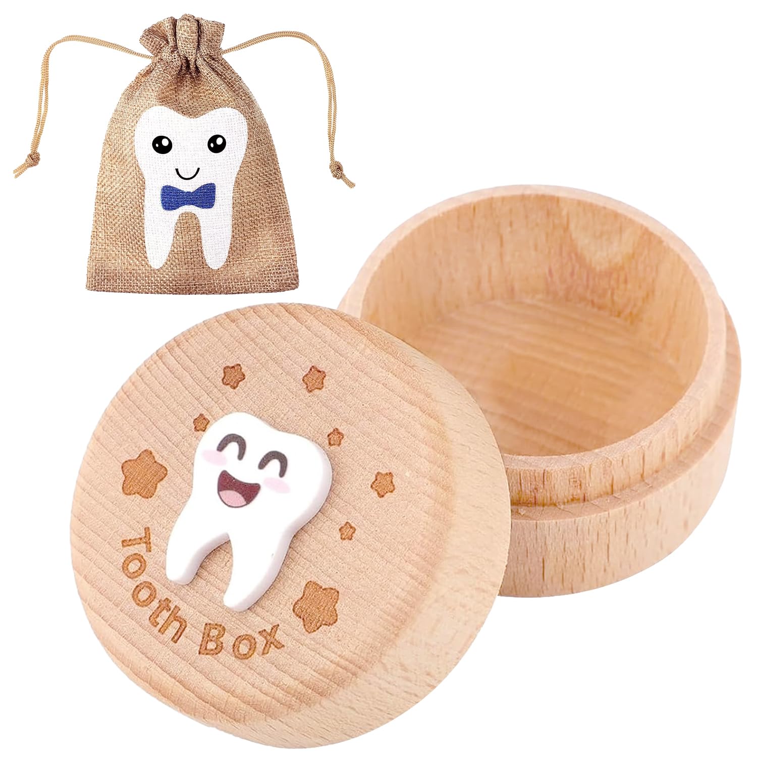 elook Tooth Fairy Kit, 3D Carved Wooden Tooth Storage Box with Fairy Bag, Tooth Fairy Box for Boy Baby Teeth