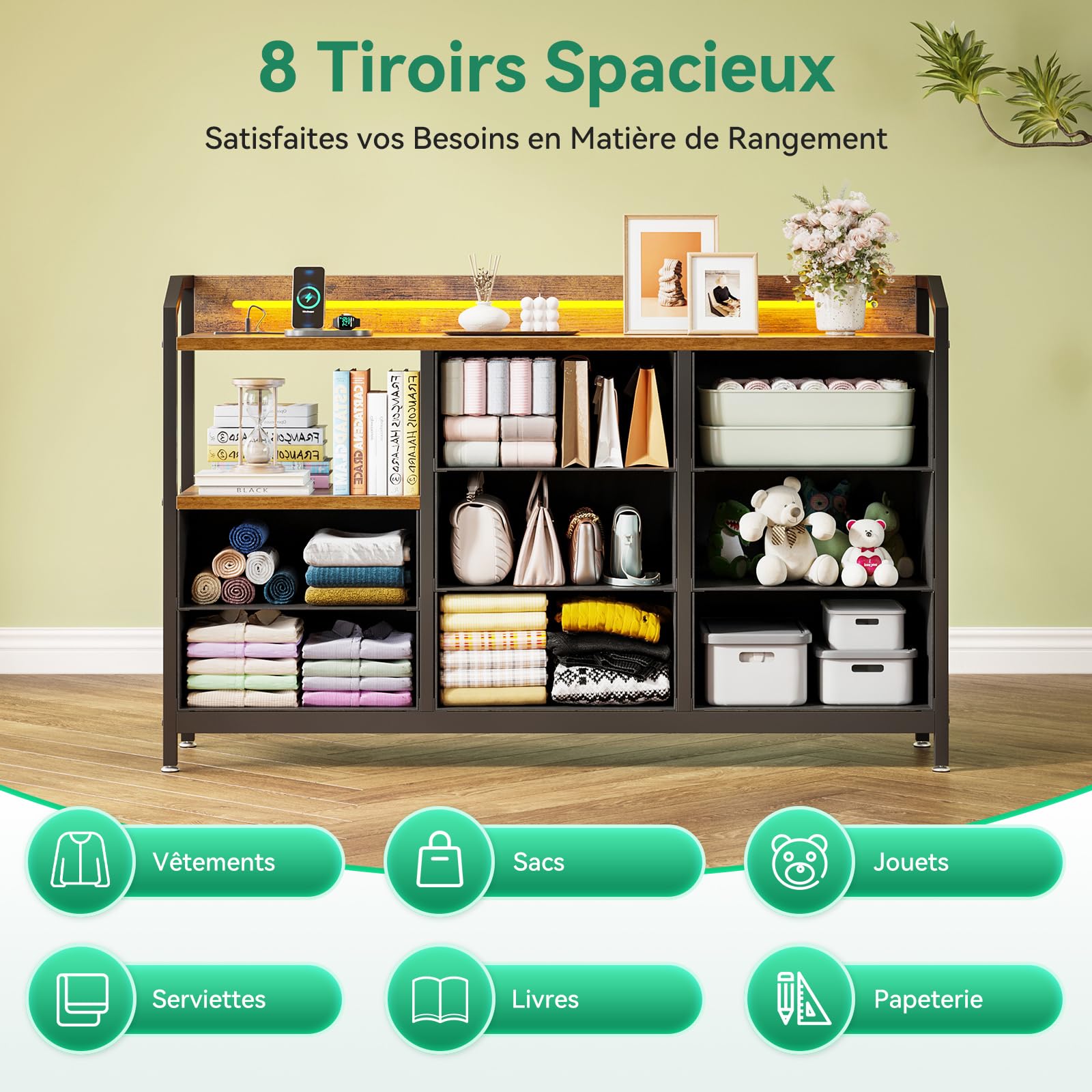 ODK Commode Chambre Adulte, avec Bandes LED Réglables en 10 Couleurs, 2 Prises USB et 2 Prises Secteur, 8 Grands Tiroirs en Tissu, Commode Rangement 110 x 30 x 88 cm, Couleur Vintage