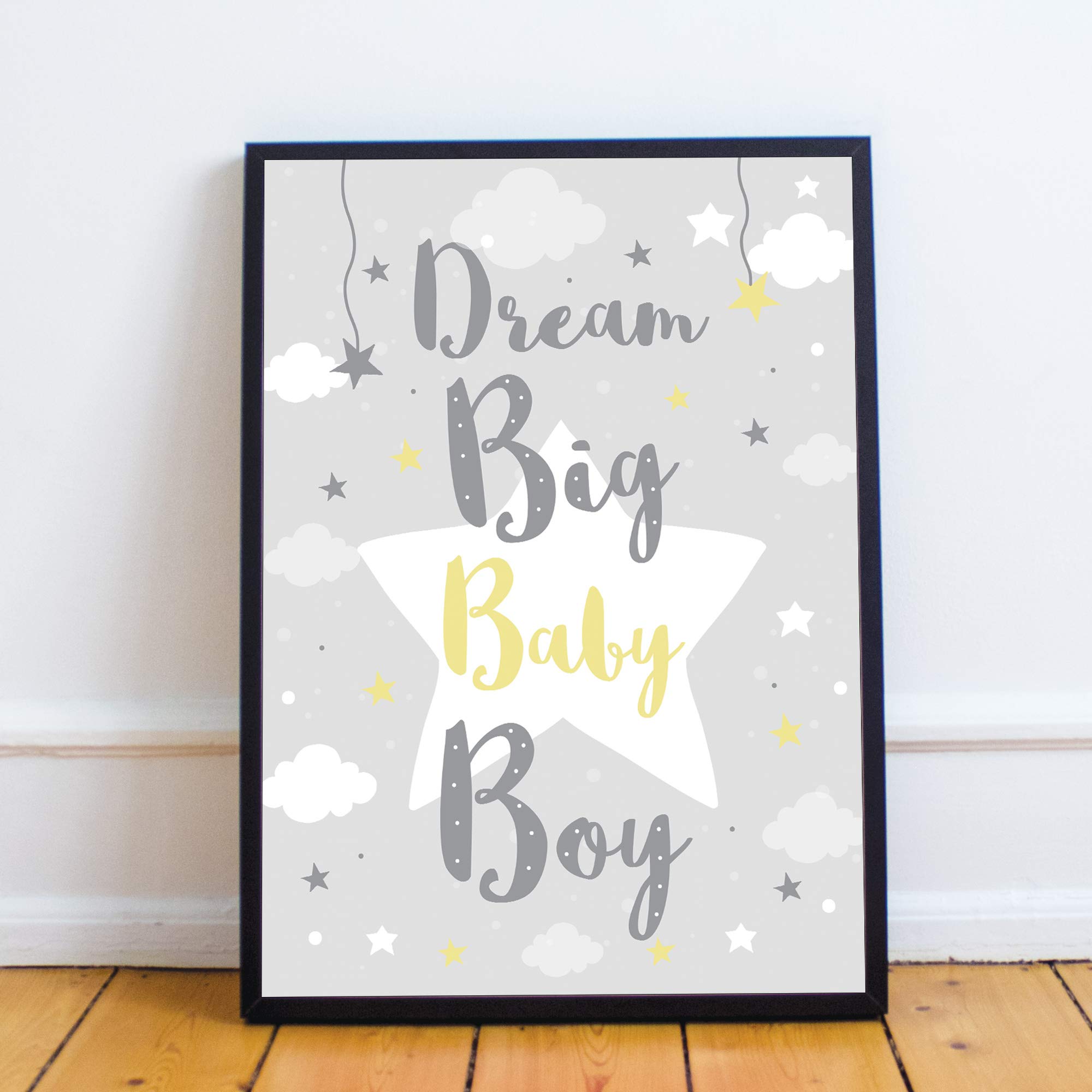 RED OCEAN Grey Nursery Prints/Baby Room Nursery Wall Art/Childrens Bedroom Decor/Baby Boy Girl Gifts (A4 Print with Black Frame - Dream Big Baby Boy Grey)