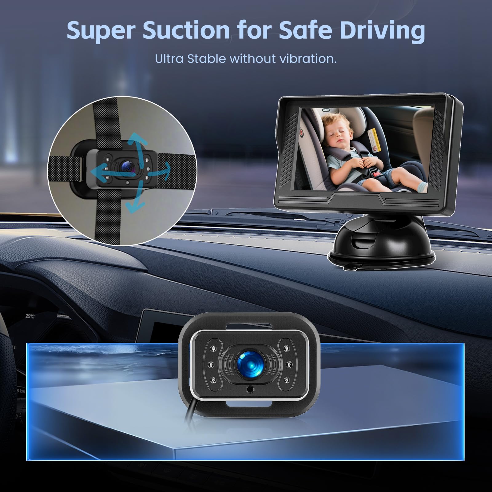 Hikity Baby Car Camera con Monitor 480P Monitor para Coche de 4,3" con Cámaras de Visión Nocturna de 360°Cámara Giratoria para Silla de Seguridad Infantil para la Vigilancia de Niños y Mascotas