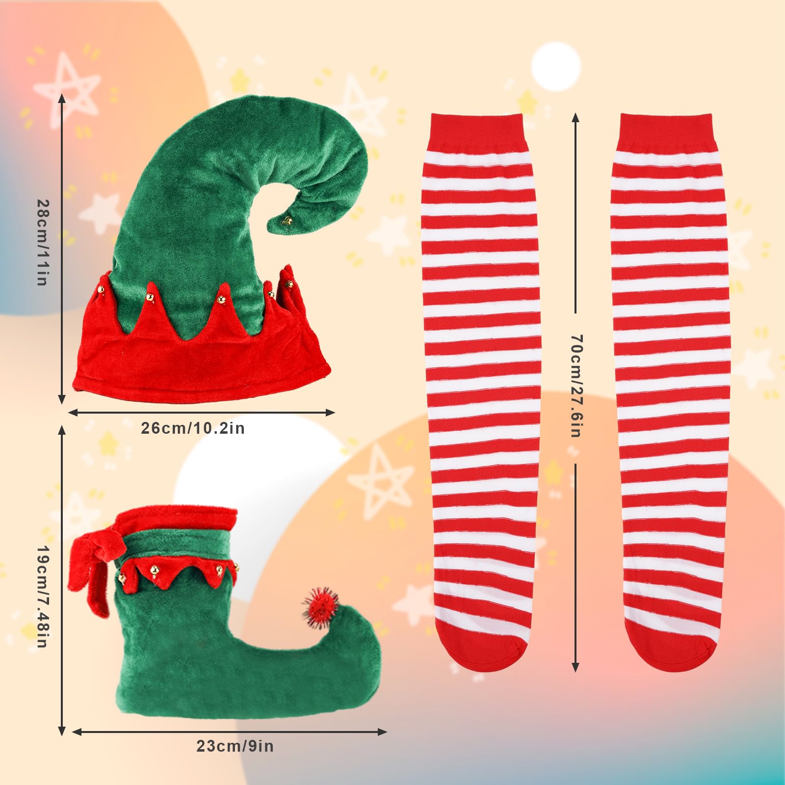 Ensembles de Costume Elfe de Noël avec Chapeau, Chaussettes Rayées et Chaussures Cloche