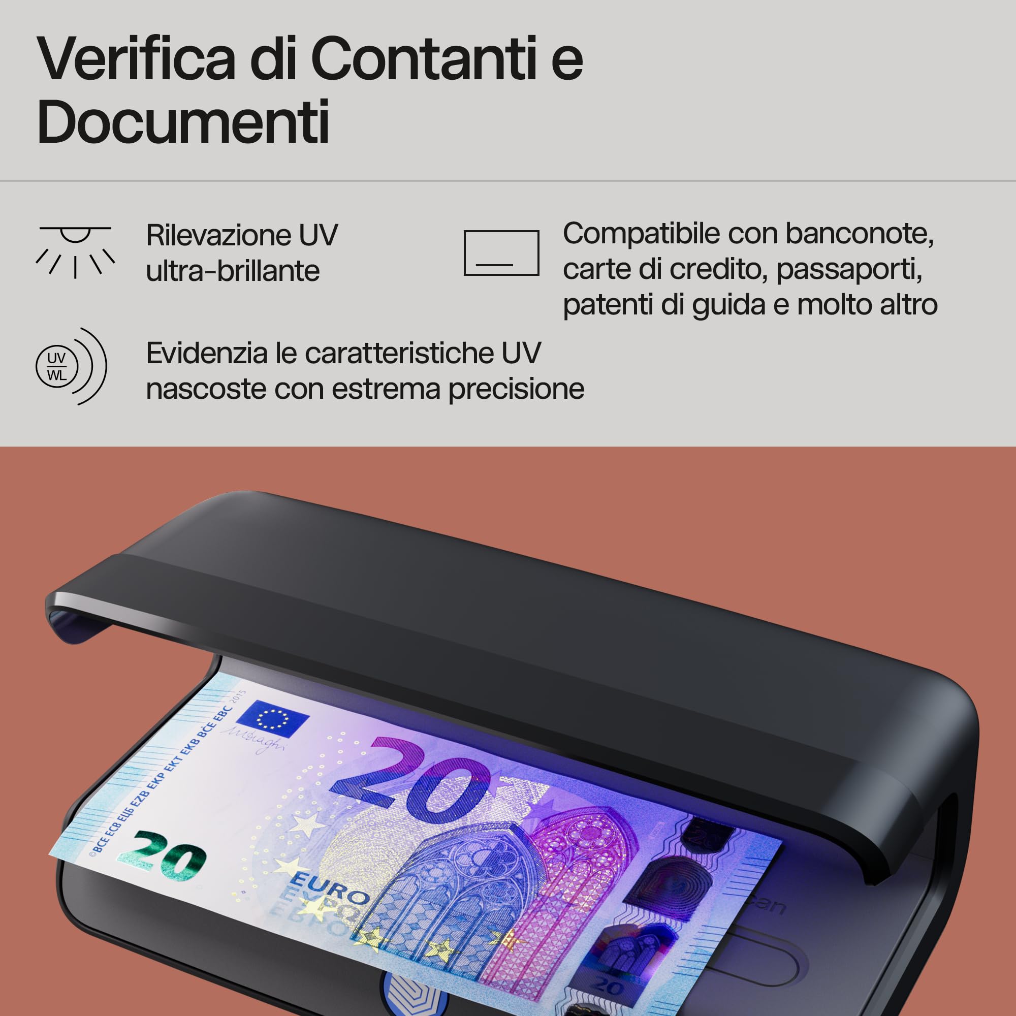 Safescan 55 LED Verifica banconote false con luce UV ultra-luminosa, Controlla banconote false, carte di credito e documenti d'identità, 3 potenti luci LED, Controllo banconote false UV