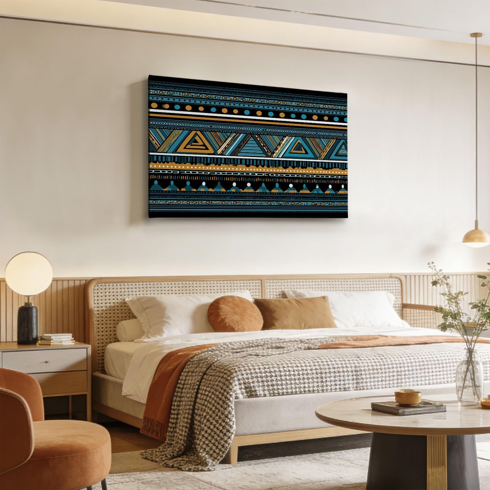 Vintage Geometrisch Dreieck Streifen Modernes Leinwandbild 90L x 60B cm mit Rahmen, Südwestlich XXL Wanddeko für Wohnzimmer Geschenk Idee Einzug - Hochwertiger Kunstdruck auf Holzrahmen