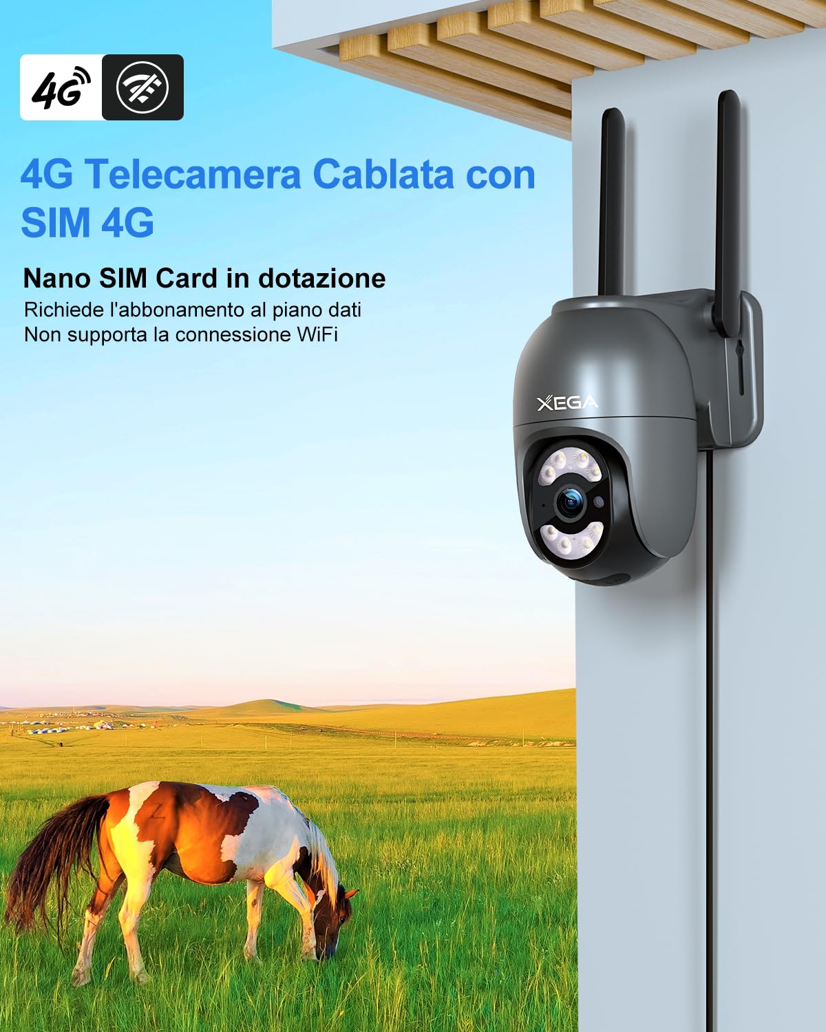 Xega 4G Esterna Con SIM, Registrazione Continua, Visione Notturna - Dettaglio